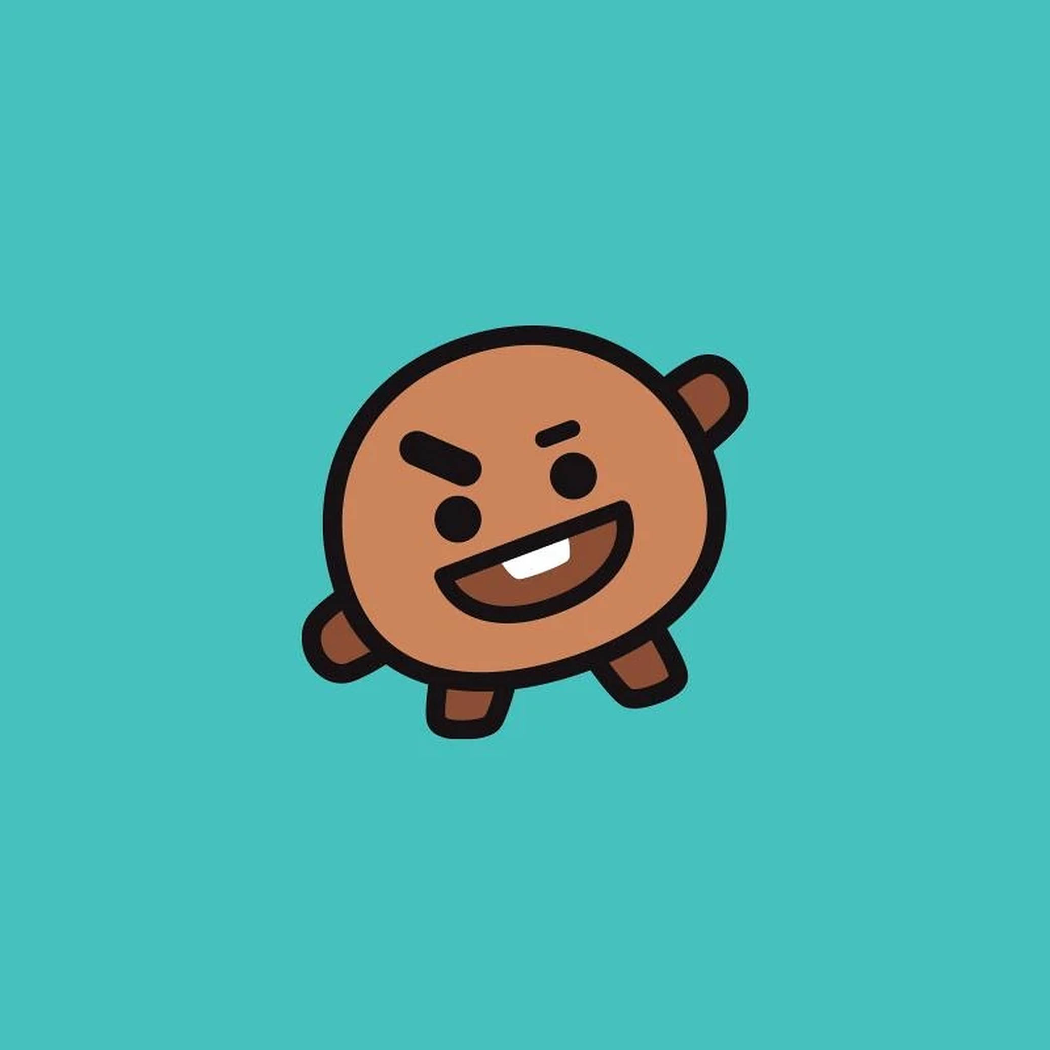 shooky bt21 桌布 壁紙 — 一個卡通棕色角色，帶著燦爛的笑容和憤怒的眉毛，漂浮在純青色背景上。