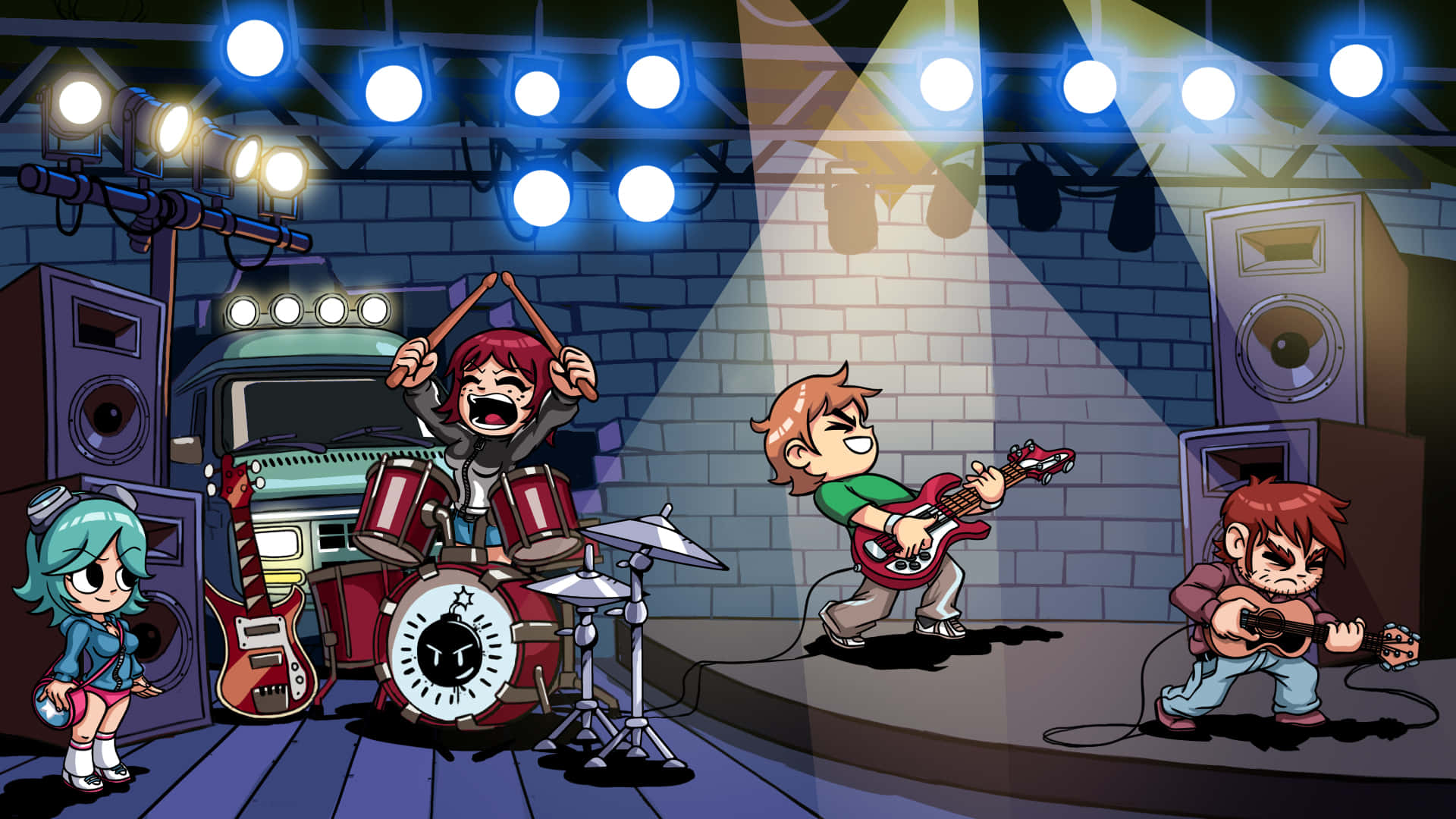 scott pilgrim 桌布 壁紙 — 一個卡通樂隊在明亮的聚光燈下，身後有一輛復古卡車，在燈光璀璨的舞台上充滿活力地表演。