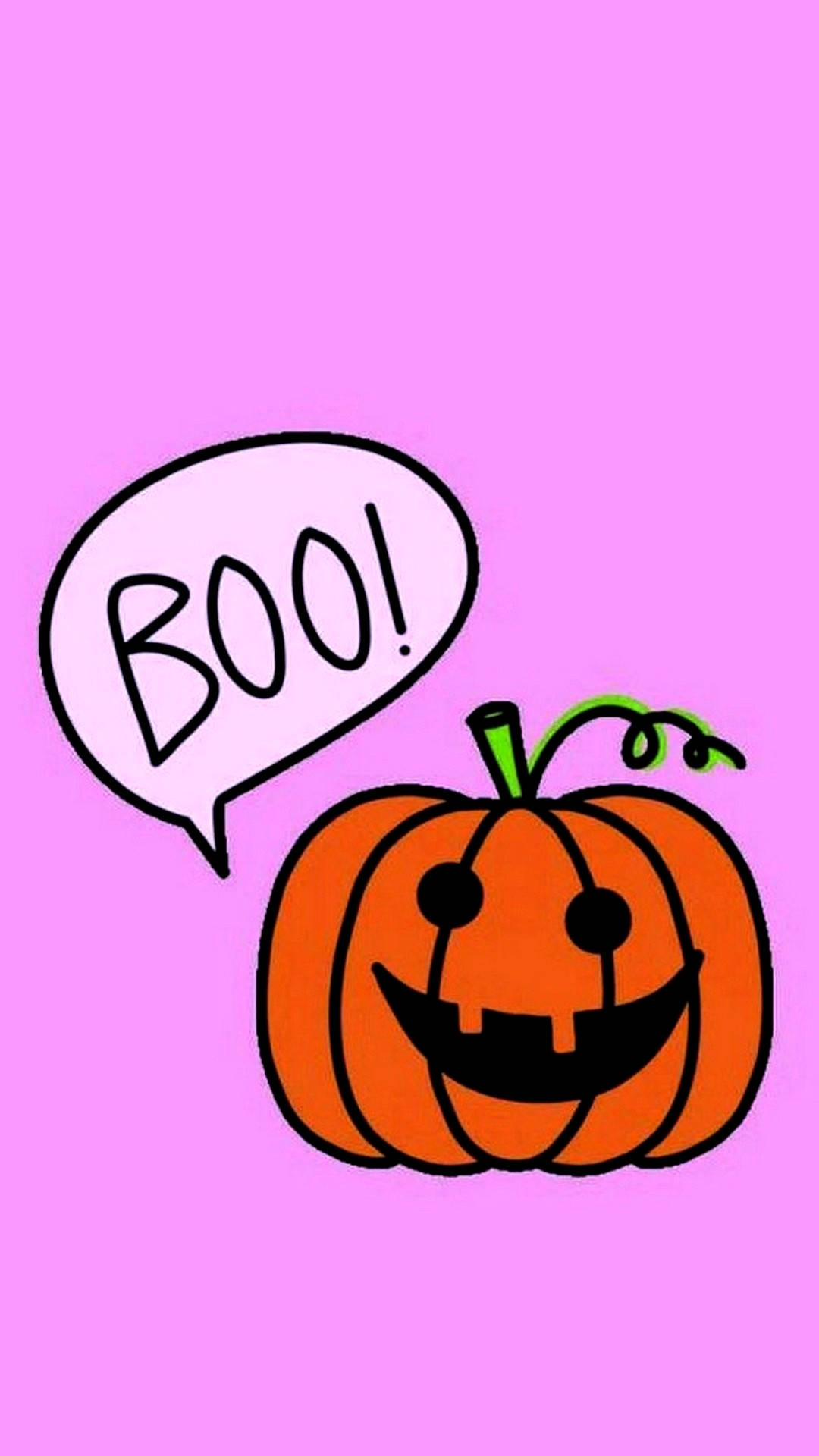 Cute Halloween Phone 桌布 壁紙 — 一個卡通橙色南瓜燈，咧嘴大笑，對話框寫著「BOO!」，背景為純粉紅色。