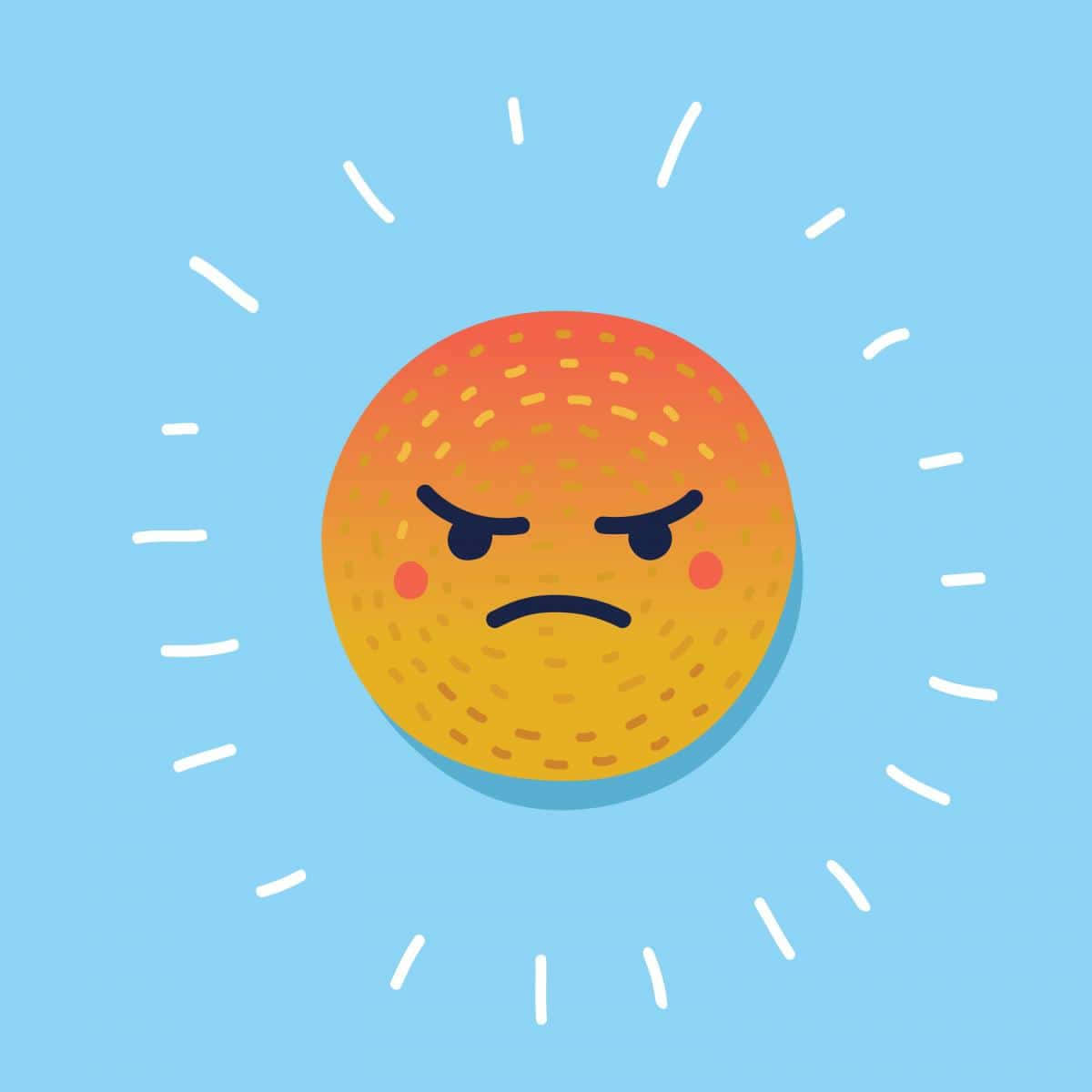 mood 桌布 壁紙 — 一個卡通橙色太陽，帶有憤怒的表情和白色光線，背景為淺藍色。