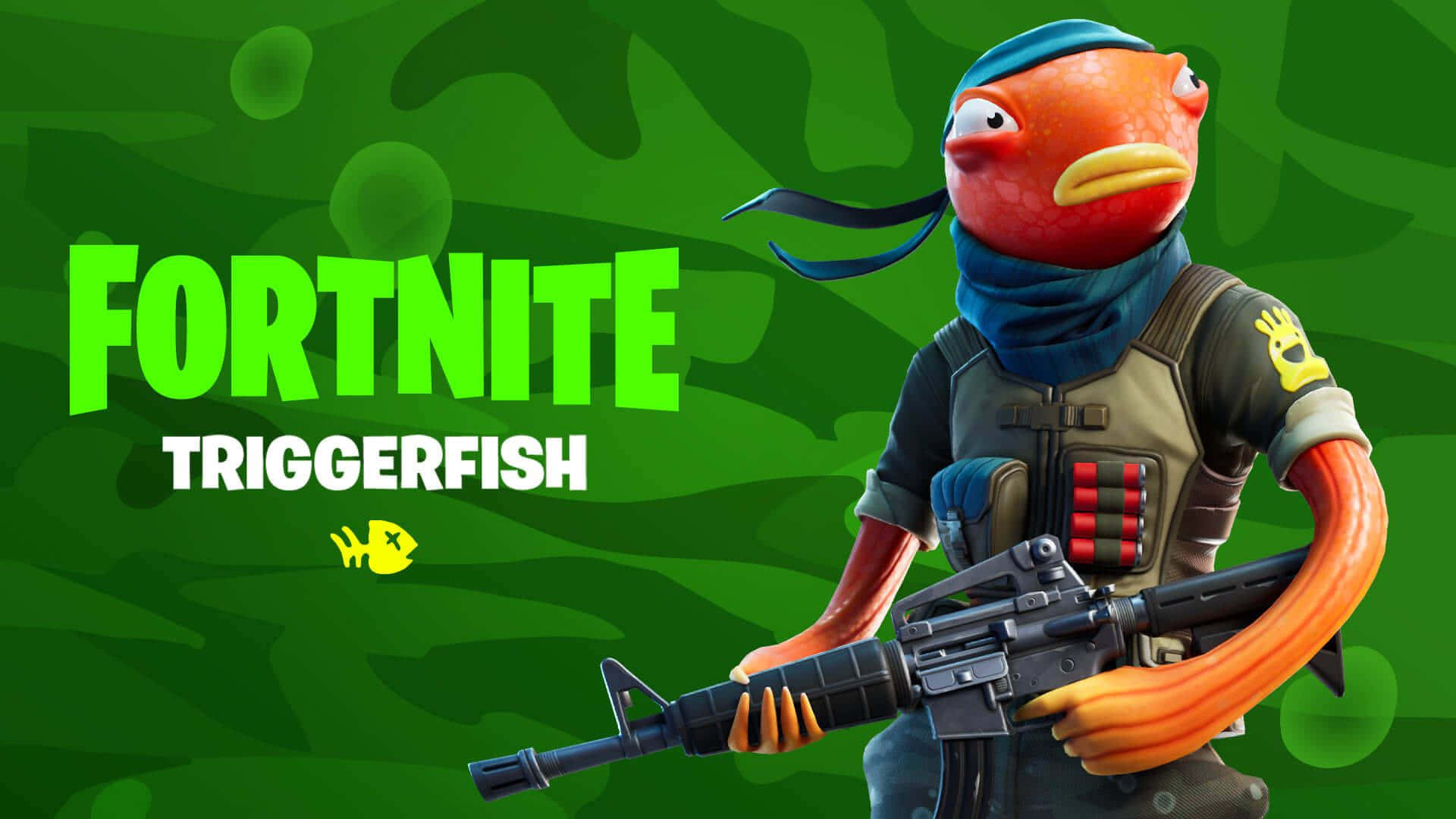 Fortnite Fishstick 桌布 壁紙 — 一個卡通橙色魚角色，戴著藍色頭巾和戰術裝備，在綠色迷彩背景上拿著步槍，並有「FORTNITE TRIGGERFISH」文字。