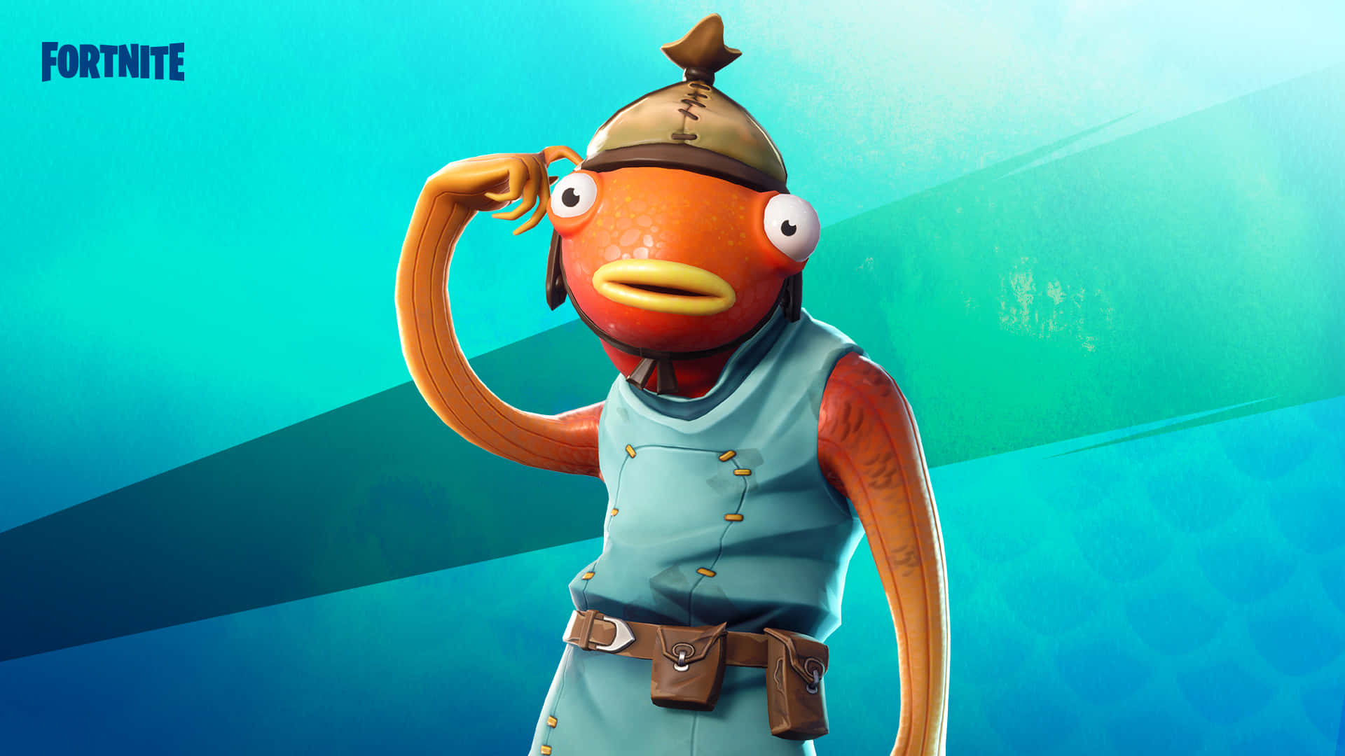 Fortnite Skins 桌布 壁紙 — 一個卡通橙色魚角色，身穿藍色背心和帽子，在藍綠色和藍色的漸變背景前敬禮。