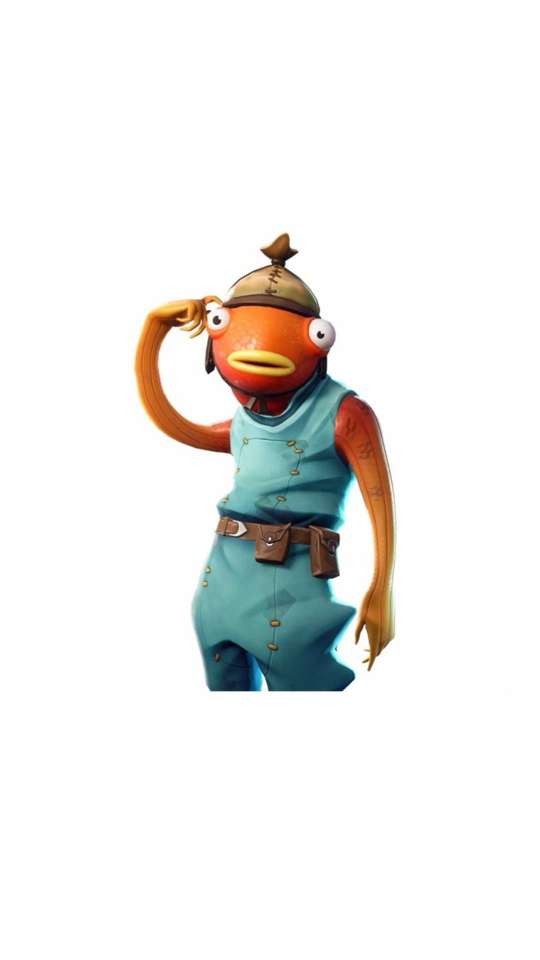 Fishstick 桌布 壁紙 — 一個卡通橙色魚角色，身穿藍色連身衣和帽子，在純白色背景前單手敬禮。