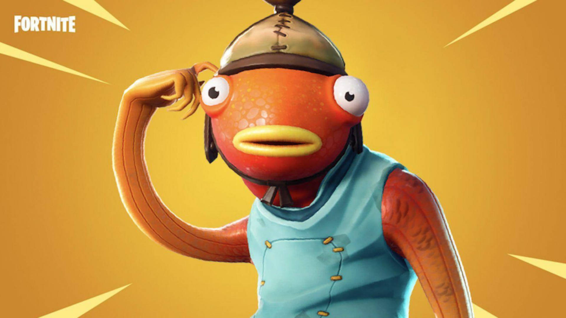 Fishstick 桌布 壁紙 — 一個卡通橙色魚角色穿著藍色背心和頭盔，在明亮的黃色背景前彎曲手臂。