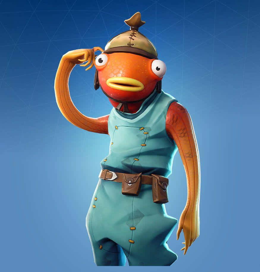 Fishstick 桌布 壁紙 — 一個卡通橙色魚角色穿著藍色連身衣和帽子，在漸變藍色背景前敬禮。