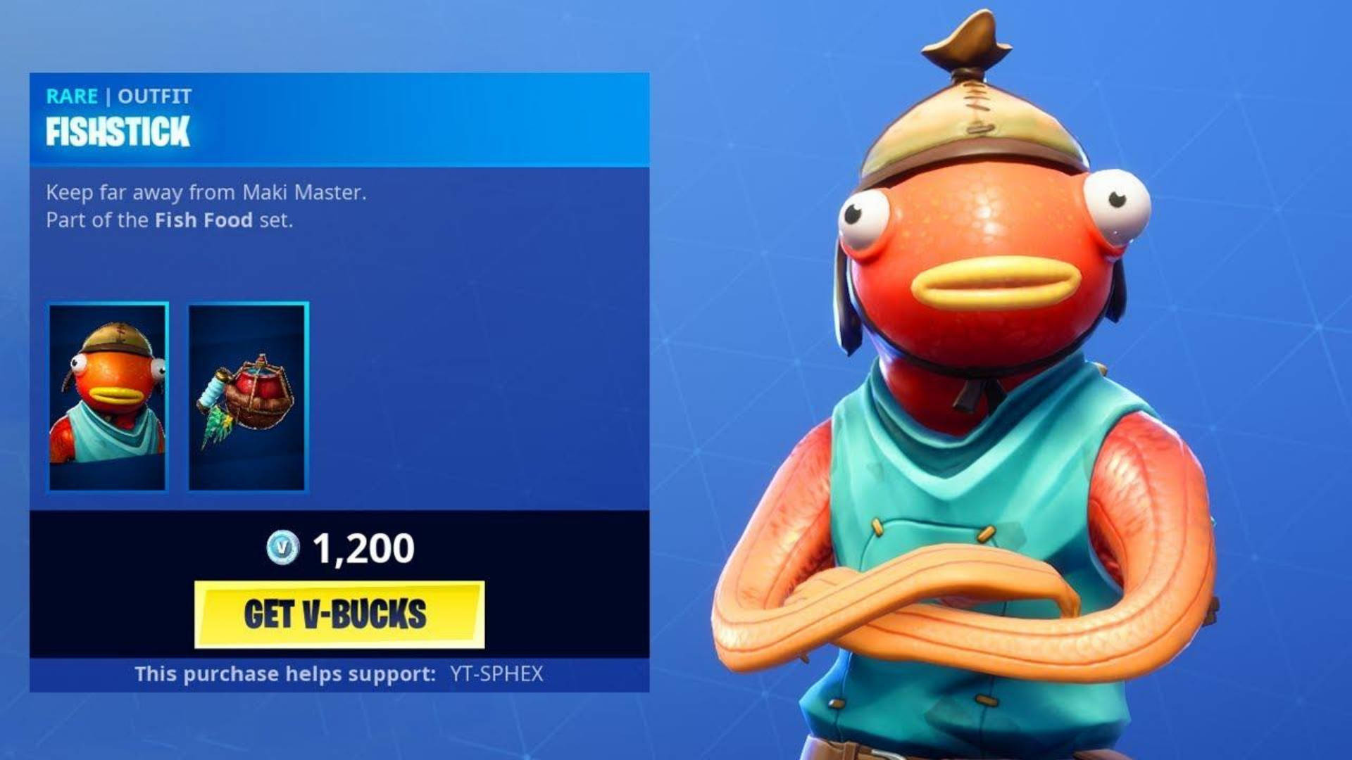 Fishstick 桌布 壁紙 — 一個卡通橙色魚角色穿著青綠色背心和帽子，交叉雙臂自信地站在藍色數位背景前。