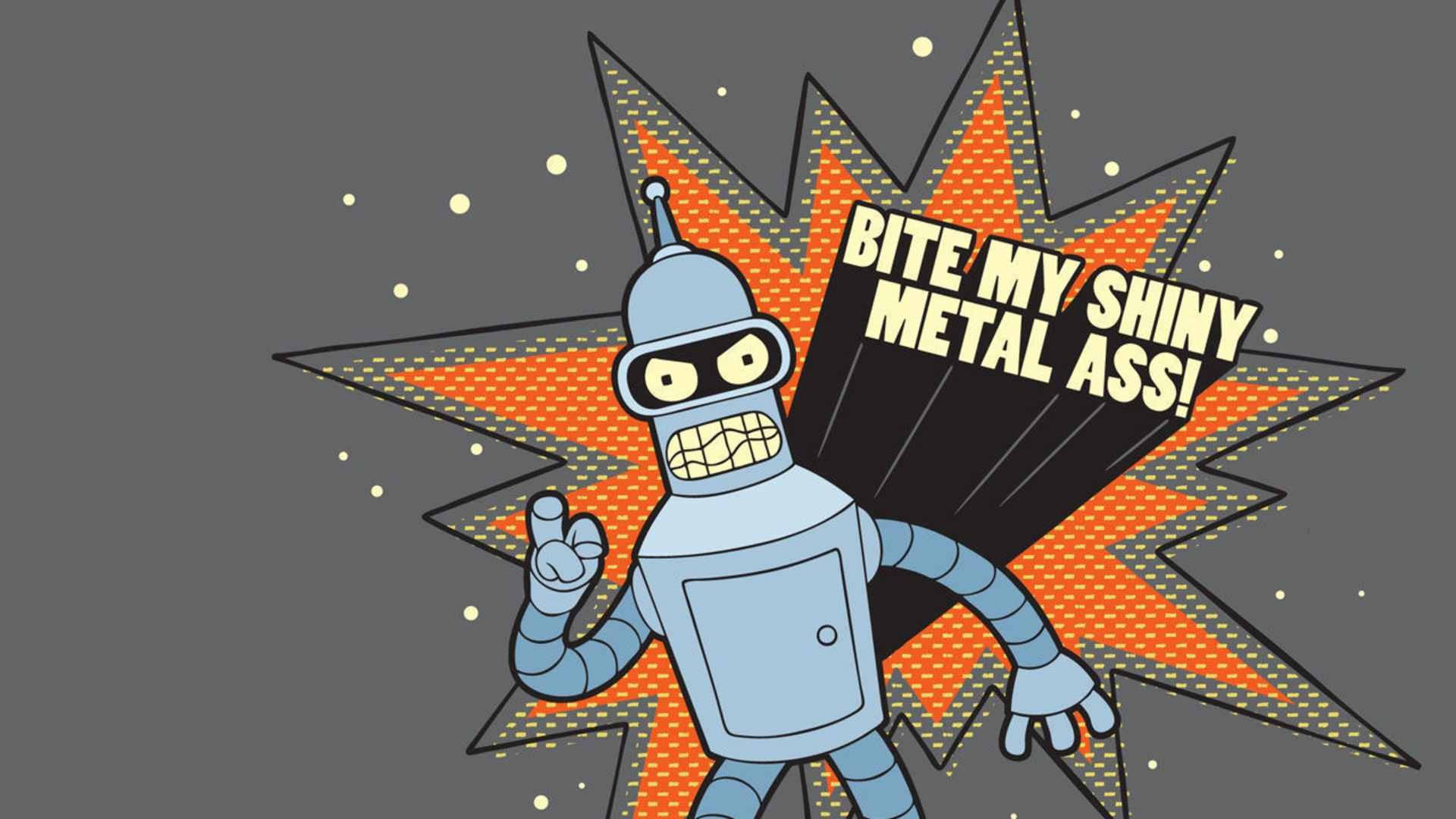 Futurama 桌布 壁紙 — 一個卡通機器人，咧嘴笑著，舉起手指，站在橙色星爆前，大喊「咬我閃亮的金屬屁股！」