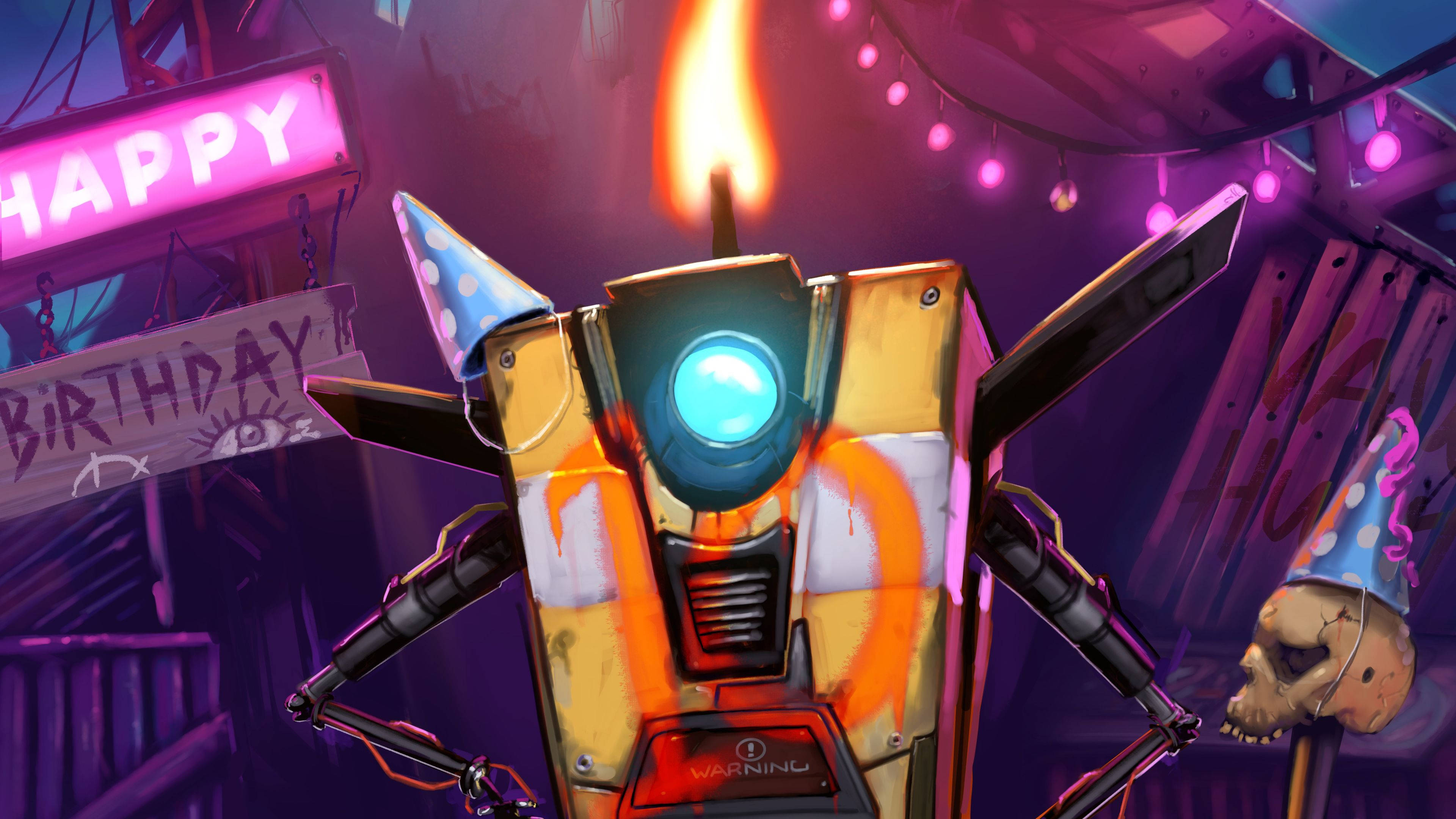 Borderlands 3 桌布 壁紙 — 一個卡通機器人，帶著點燃的蠟燭和派對帽，在霓虹燈照亮的城市小巷中慶祝生日，周圍有塗鴉和掛燈。