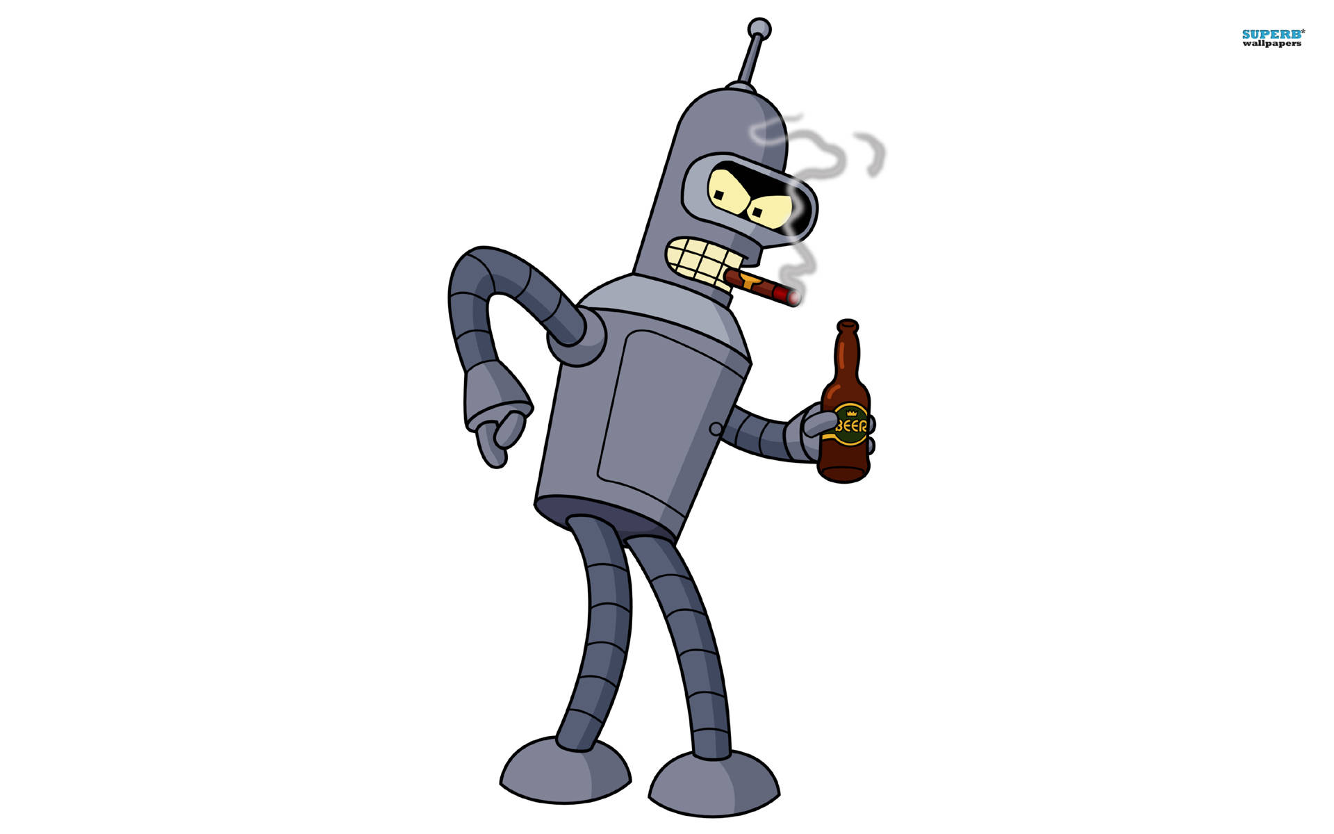 Bender 桌布 壁紙 — 一個卡通機器人，手持雪茄和啤酒瓶，在純白色背景前悠閒地抽煙。