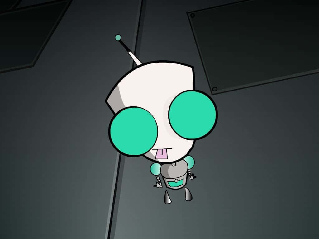 Invader Zim 桌布 壁紙 — 一個卡通機器人，有著大大的藍綠色眼睛和粉紅色的舌頭，對著深灰色的金屬牆壁伸出舌頭。
