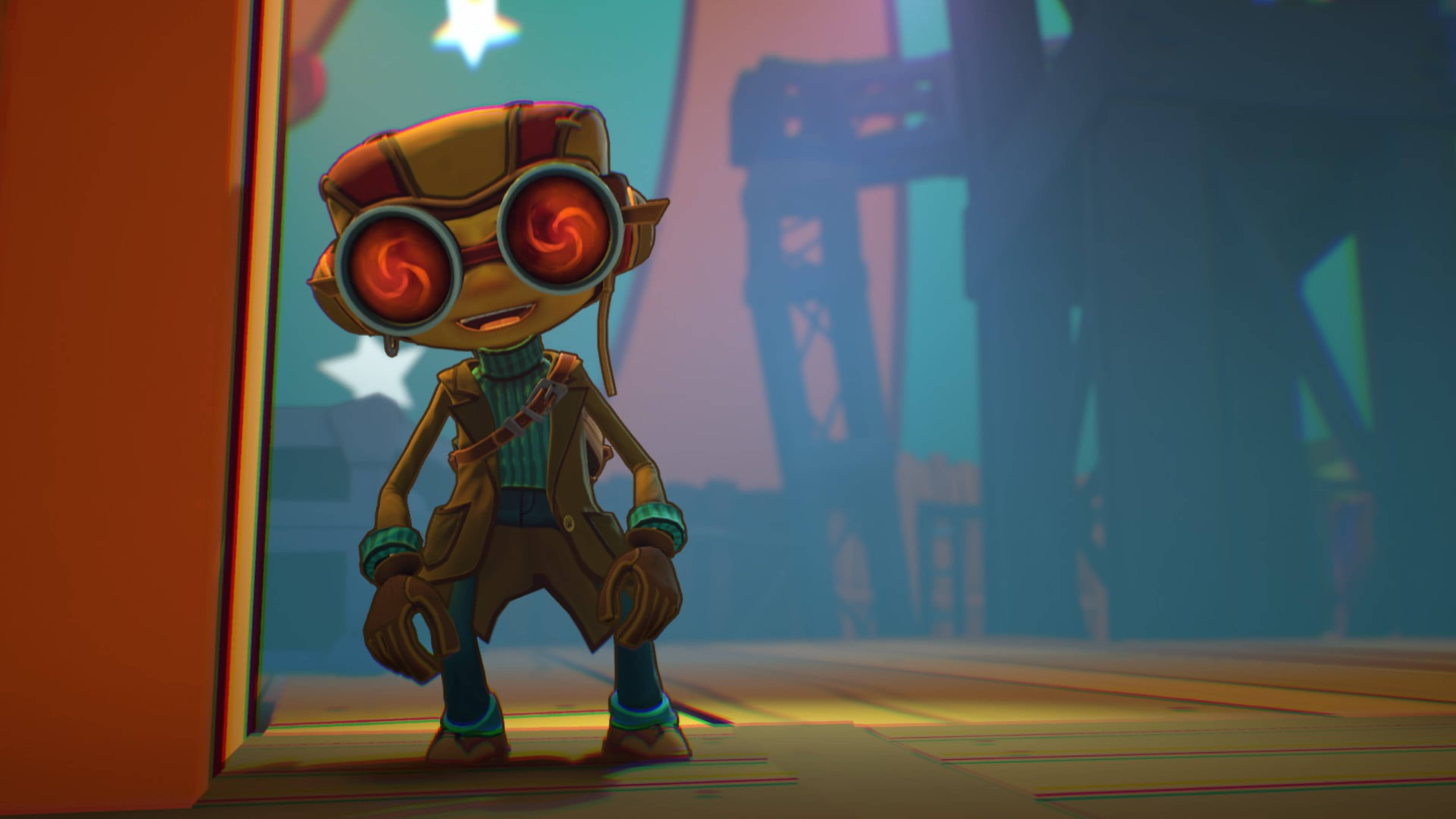 Psychonauts 桌布 壁紙 — 一個卡通機器人，有著發光的紅色漩渦眼睛，站在門口，沐浴在溫暖的橙色光線中，背景是冷藍色。