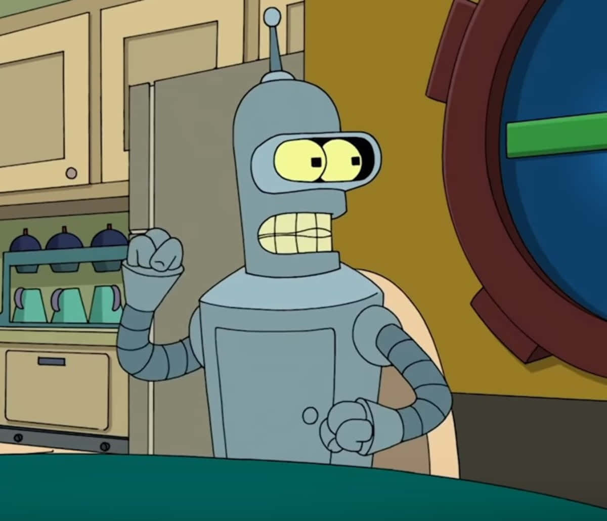 Futurama 桌布 壁紙 — 一個卡通機器人，有著發光的黃色眼睛和緊握的拳頭，站在廚房裡，表情堅定。