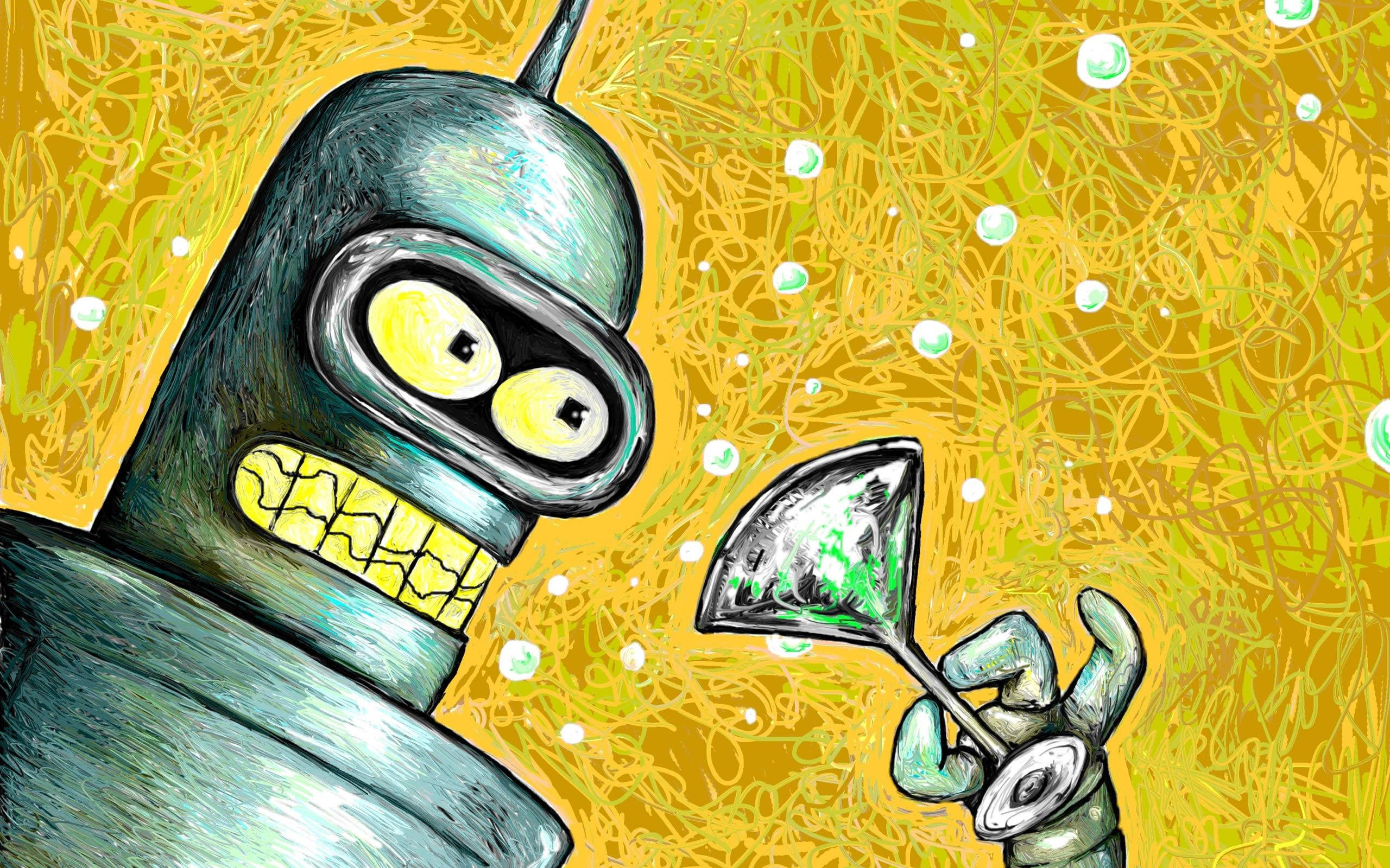 Bender 桌布 壁紙 — 一個卡通機器人，牙齒破裂，眼睛睜大，拿著一個馬丁尼酒杯，背景是混亂的黃綠色塗鴉。
