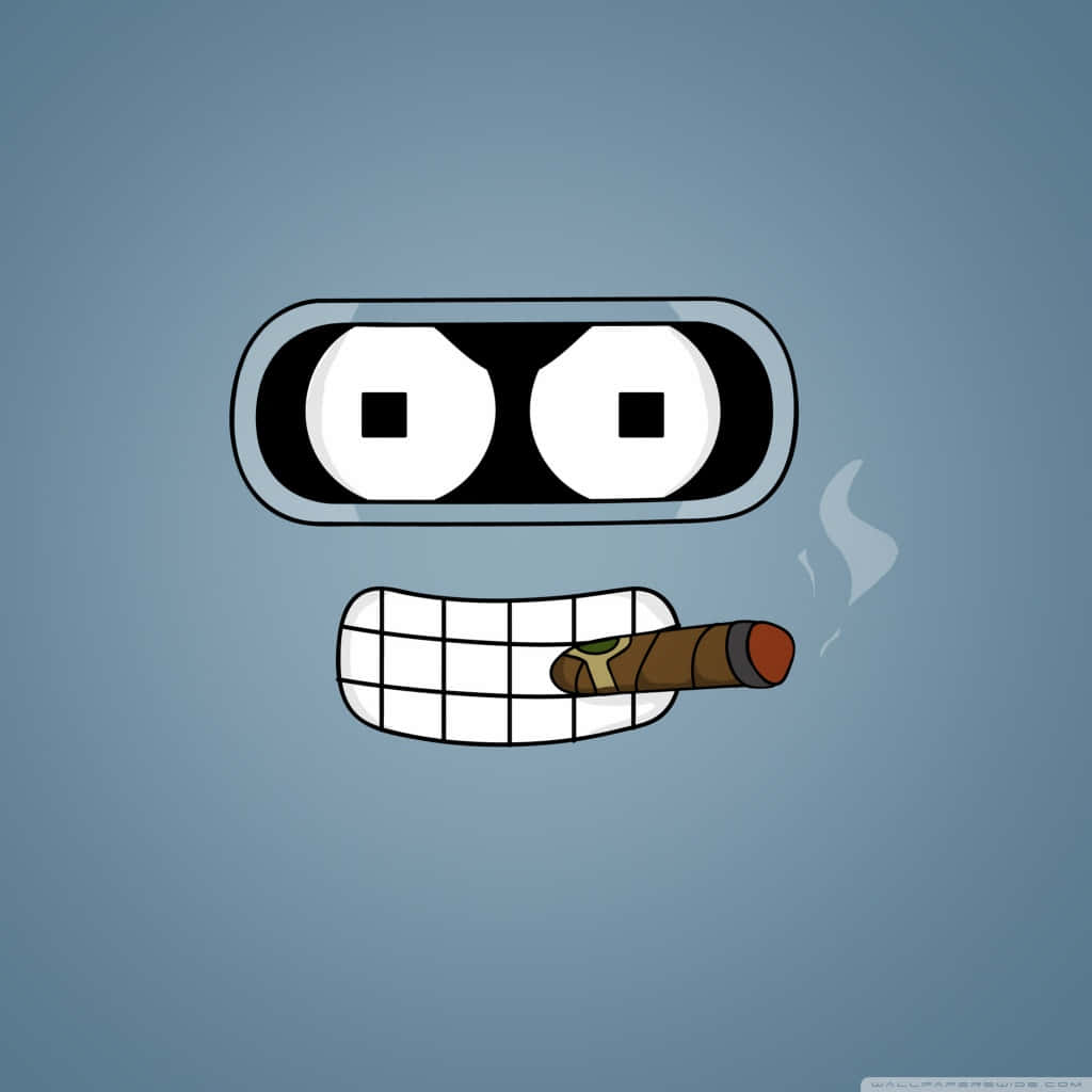 Xbox 桌布 壁紙 — 一個卡通機器人，眼睛大大，咧嘴露齒笑，在純藍色背景前抽雪茄。