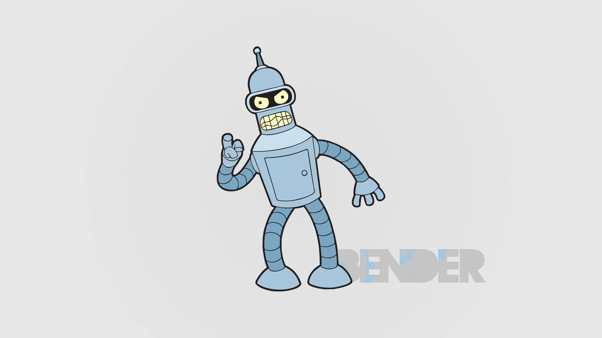 Bender 桌布 壁紙 — 一個卡通機器人，面帶笑容，頭上有天線，站在純灰色背景前做出和平手勢。