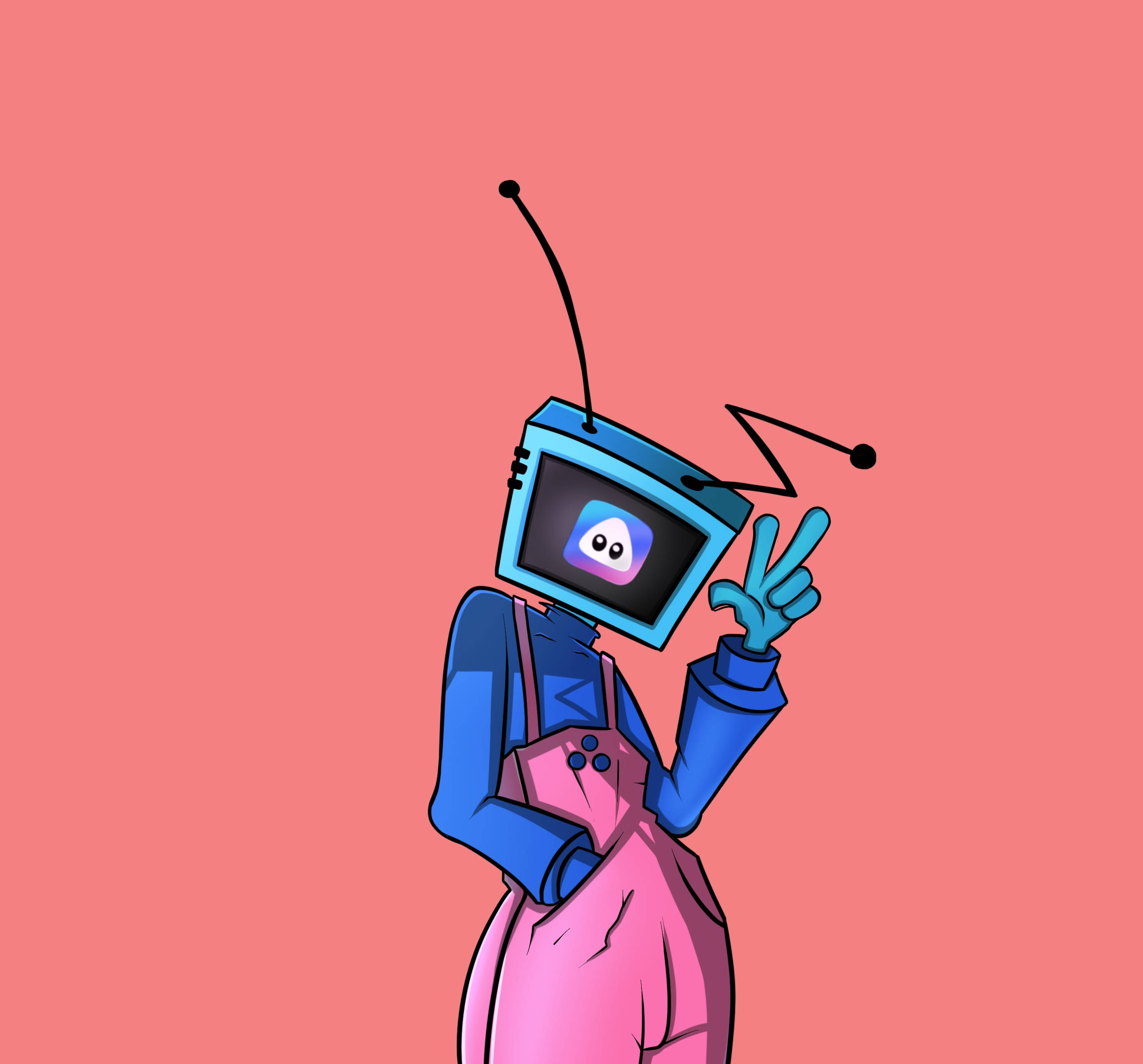 tv 桌布 壁紙 — 一個卡通機器人，頭部是電視機，帶有天線，在純珊瑚色背景上比出和平手勢。