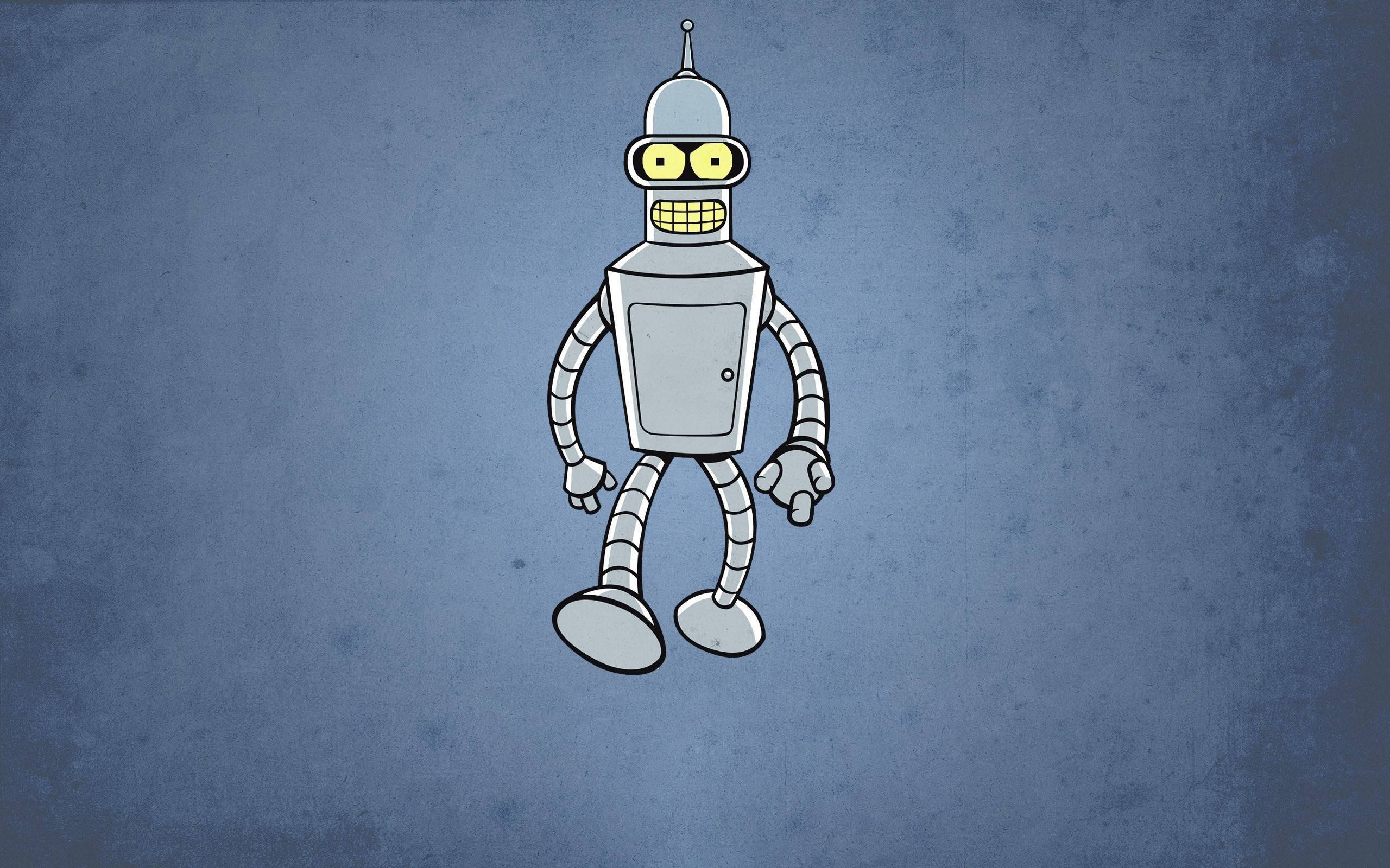 Futurama 桌布 壁紙 — 一個卡通機器人，黃色眼睛，咧嘴露齒笑，站在有紋理的藍色背景前。