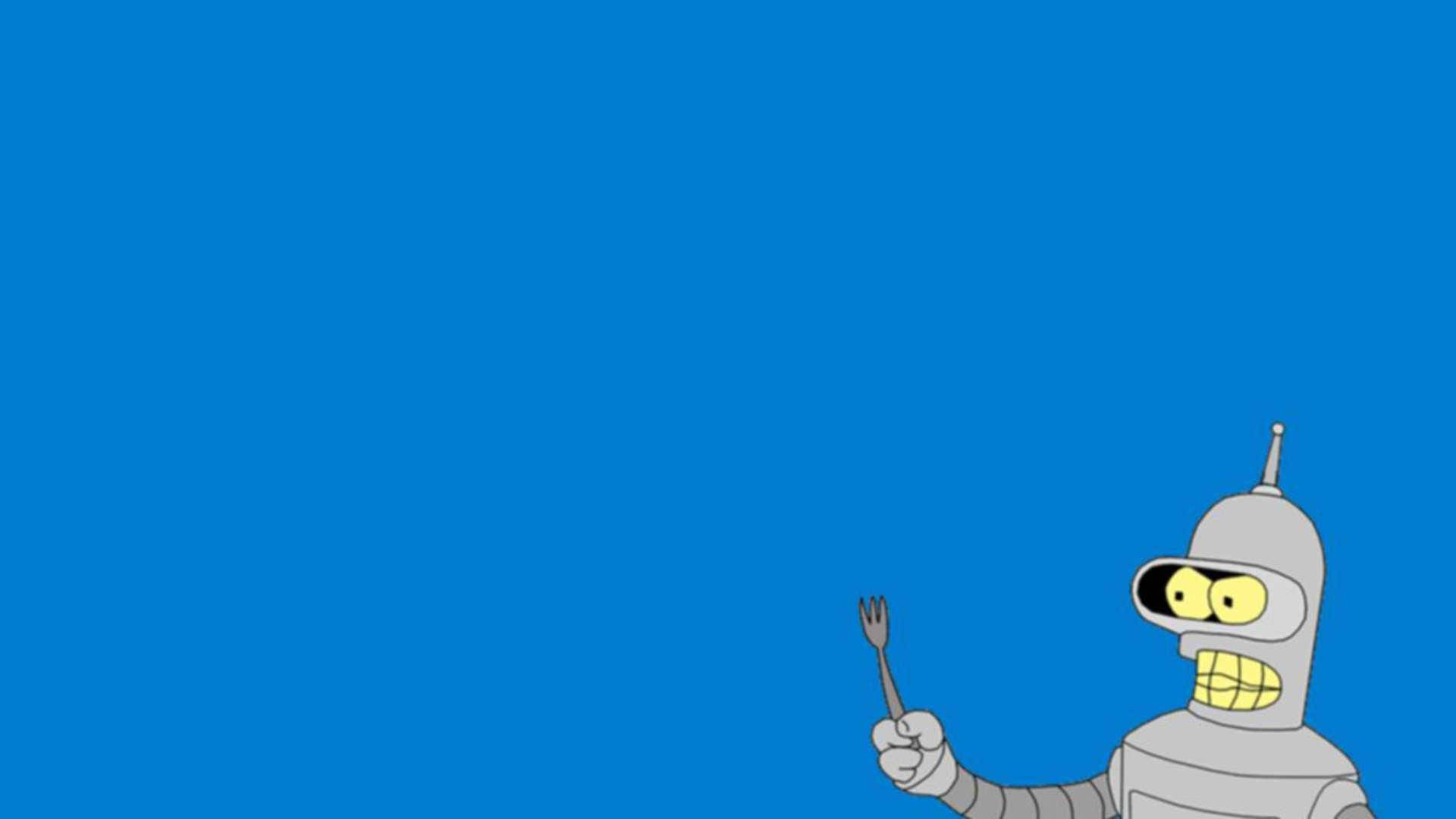 Bender 桌布 壁紙 — 一個卡通機器人，黃色眼睛，露出牙齒的笑容，在純藍色背景上拿著叉子。