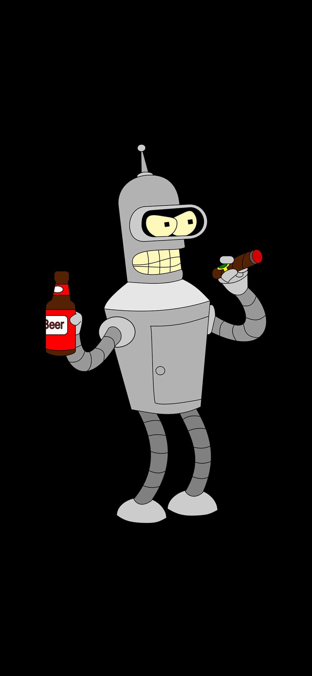 Futurama 桌布 壁紙 — 一個卡通機器人咧嘴笑著，在黑色背景前拿著啤酒瓶和雪茄。