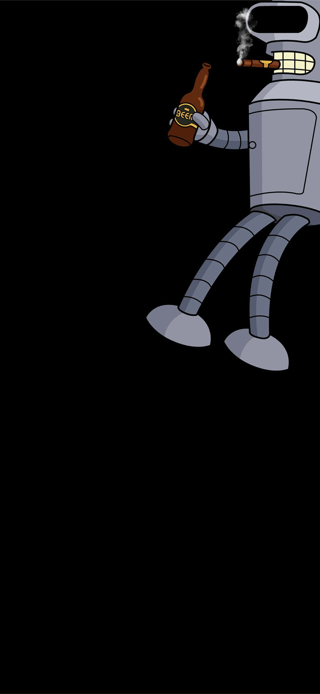 Futurama 桌布 壁紙 — 一個卡通機器人抽雪茄，並在黑色背景前拿著啤酒瓶。
