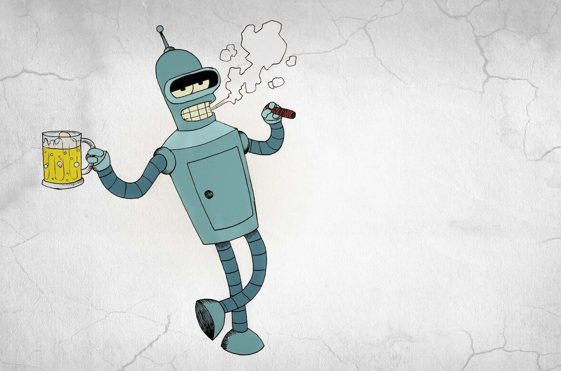 Futurama 桌布 壁紙 — 一個卡通機器人拿著啤酒杯和雪茄，在裂開的混凝土背景前抽煙。