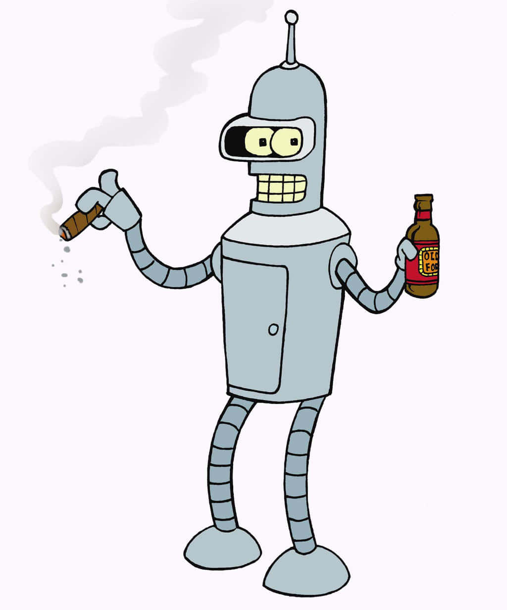 Futurama 桌布 壁紙 — 一個卡通機器人拿著雪茄和啤酒瓶，在純白色背景前悠閒地抽煙。