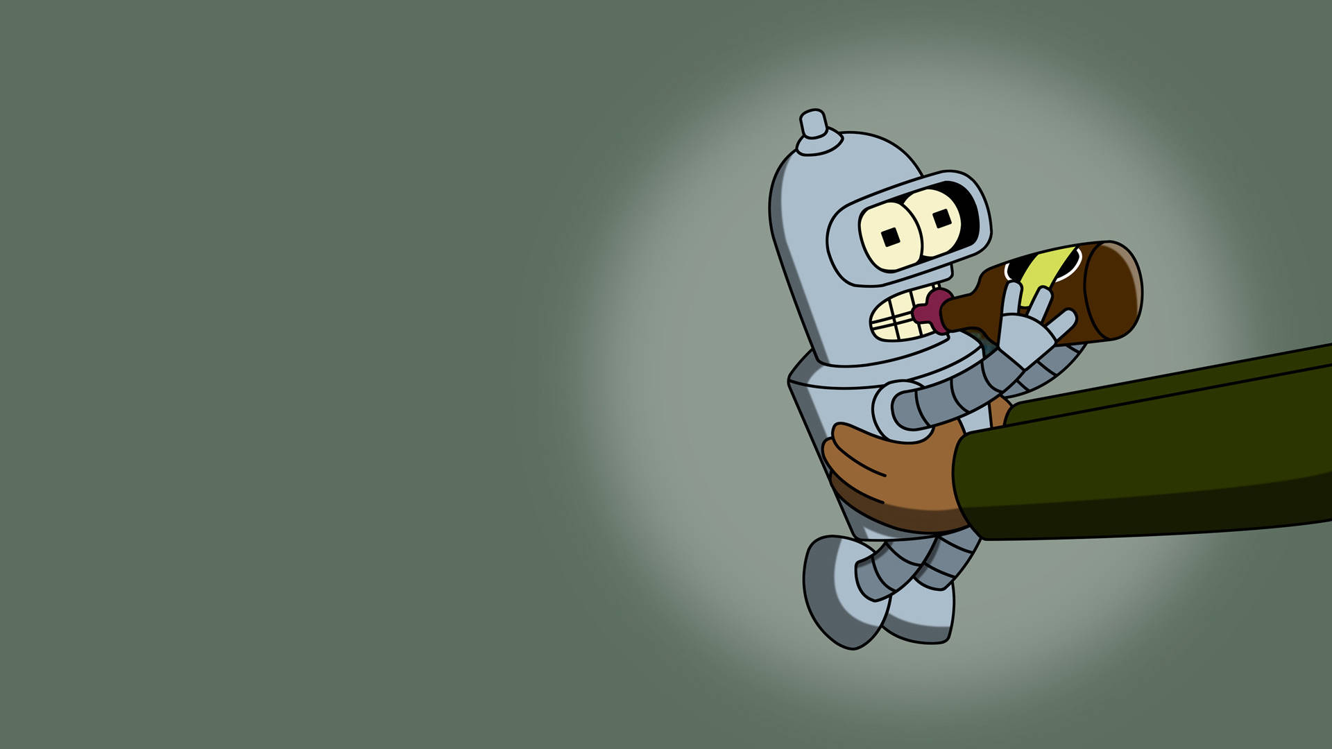 Bender 桌布 壁紙 — 一個卡通機器人睜大眼睛緊握著一個瓶子，一隻巨手抓住它的腿，背景是柔和的綠色。
