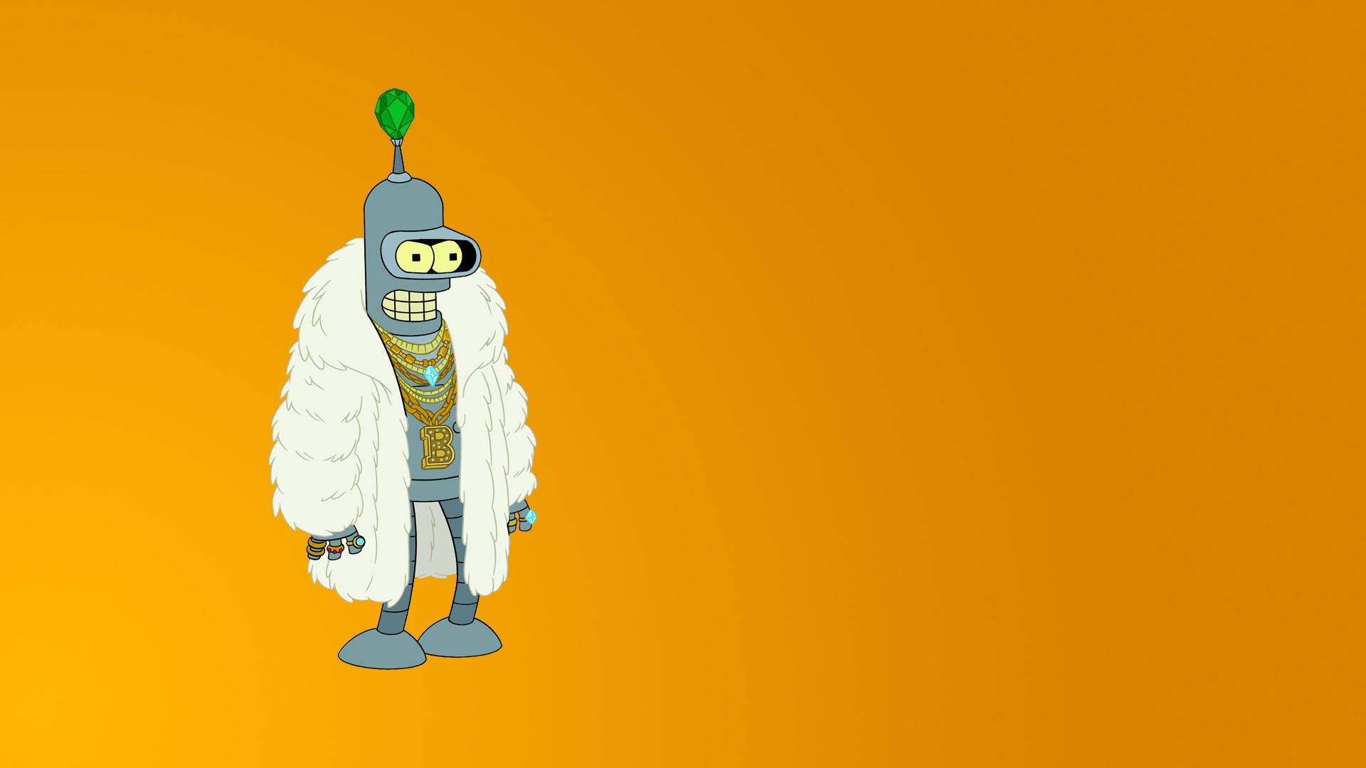 Futurama 桌布 壁紙 — 一個卡通機器人穿著白色毛皮外套和金色鏈條，站在純橙色背景前。