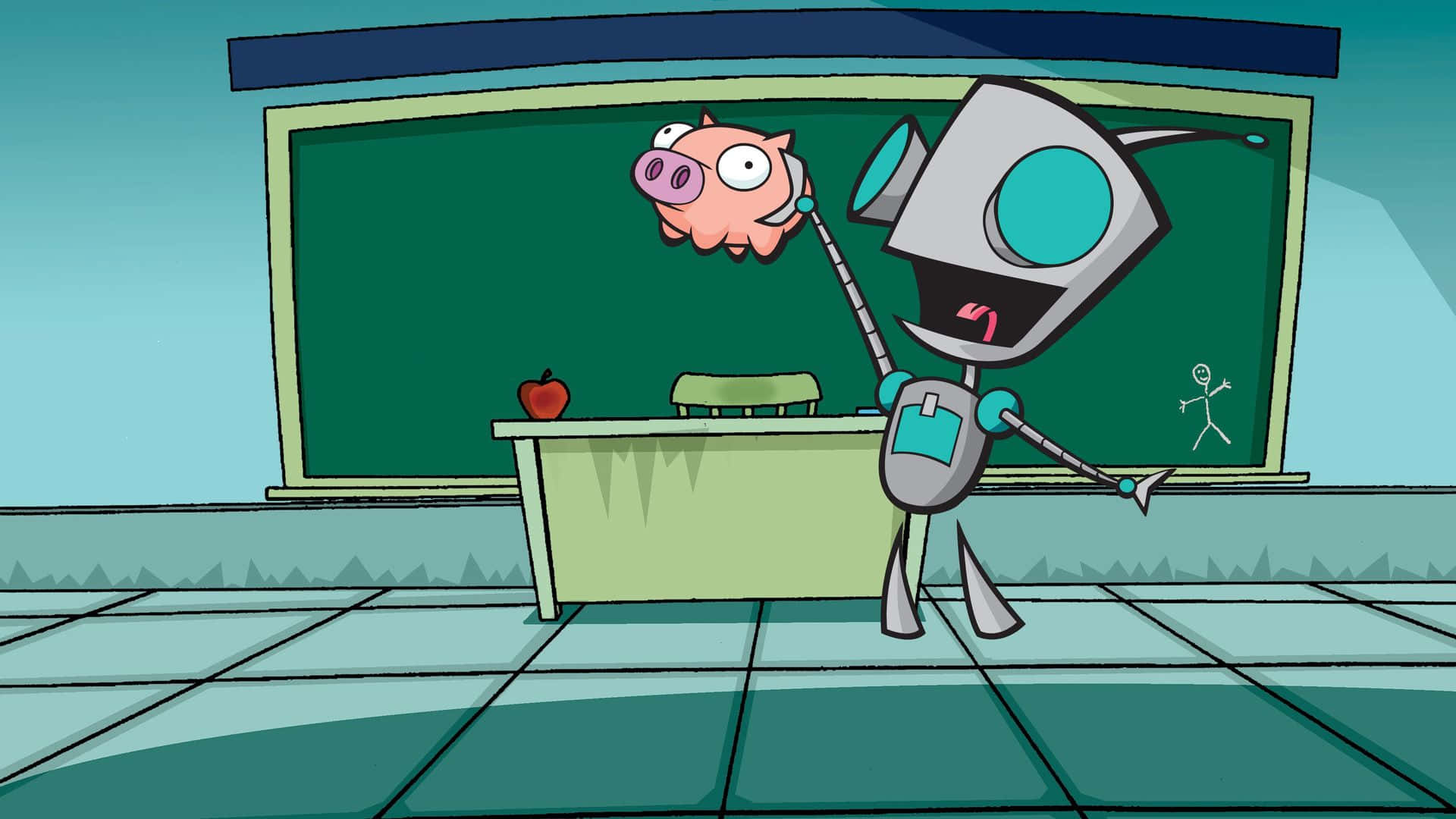 Invader Zim 桌布 壁紙 — 一個卡通機器人老師，豬頭，漂浮在教室裡，拿著粉筆，而一個火柴人在黑板上畫畫。
