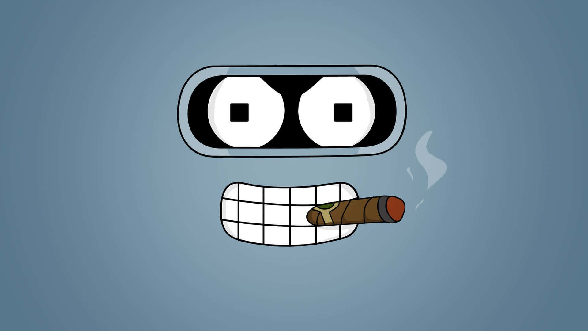 Cartoon Robot 桌布 壁紙 — 一個卡通機器人臉，有大眼睛和網格狀嘴巴叼著雪茄，在藍色漸變背景上噴出煙霧。