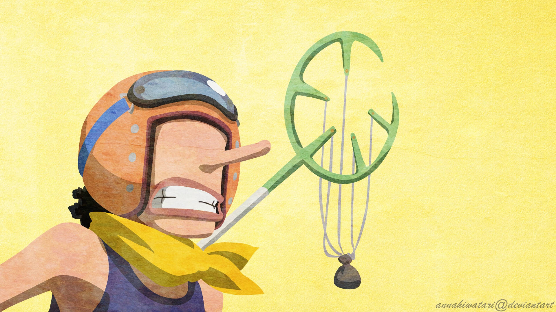 one piece usopp 桌布 壁紙 — 一個卡通機師戴著黃色圍巾和頭盔，在溫暖的黃色背景前拿著綠色螺旋槳。