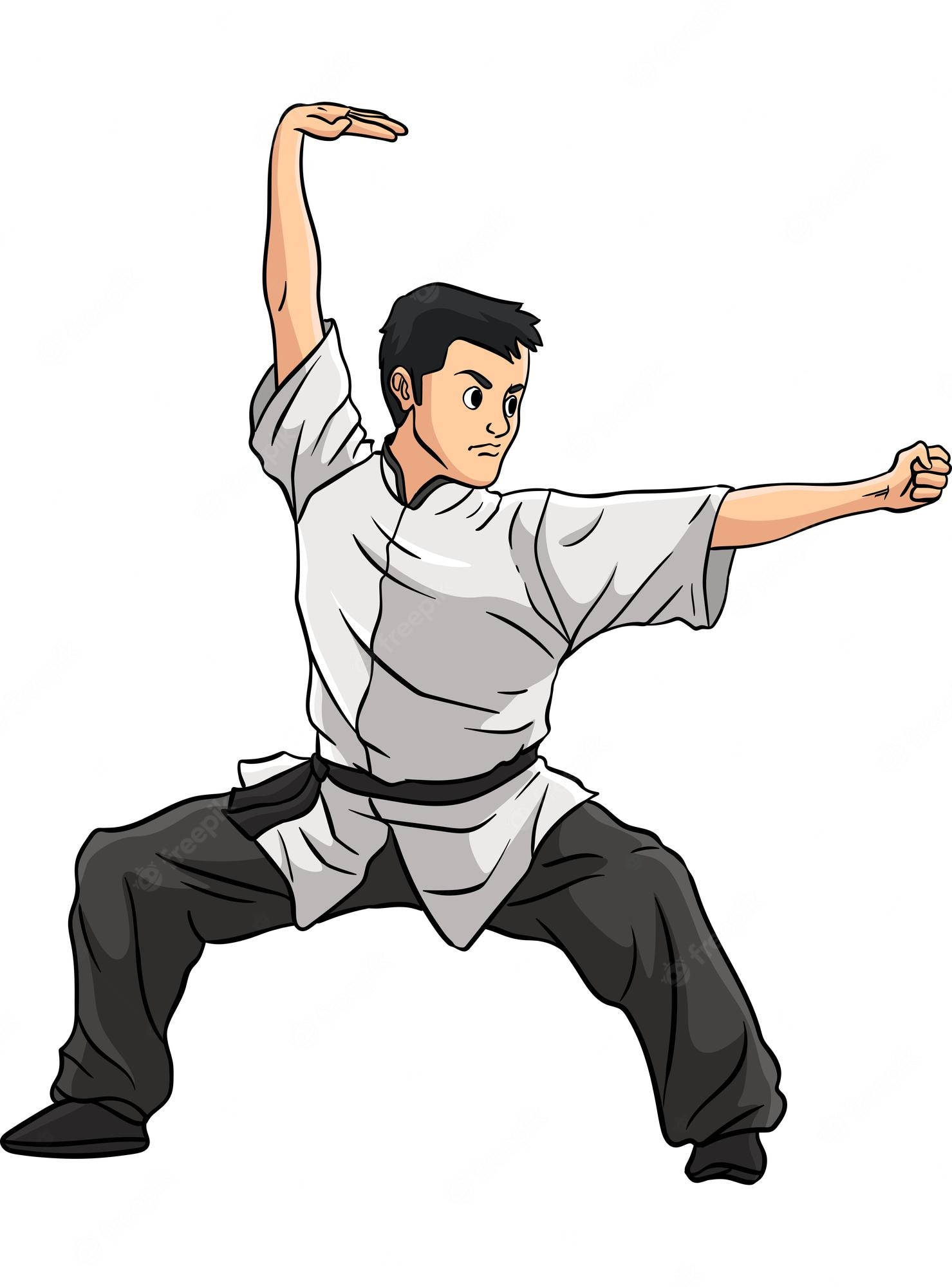 運動 桌布 壁紙 — 一個卡通武術家穿著白色上衣和黑色褲子，在純白色背景前擺出動態的戰鬥姿勢。
