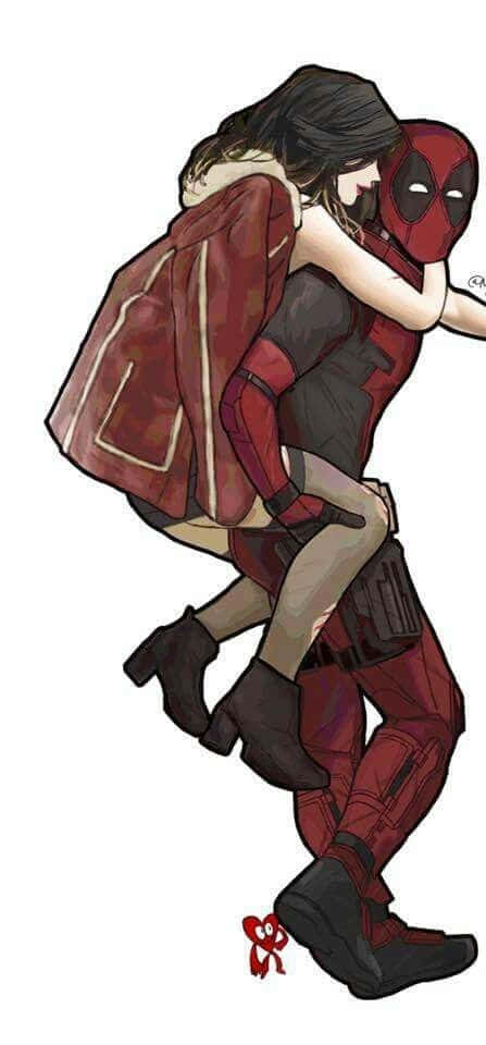 Deadpool And Vanessa 桌布 壁紙 — 一個卡通死侍穿著紅色戰衣，在純白色背景前以嬉戲的擁抱姿勢抱著一位穿紅色外套的女性。