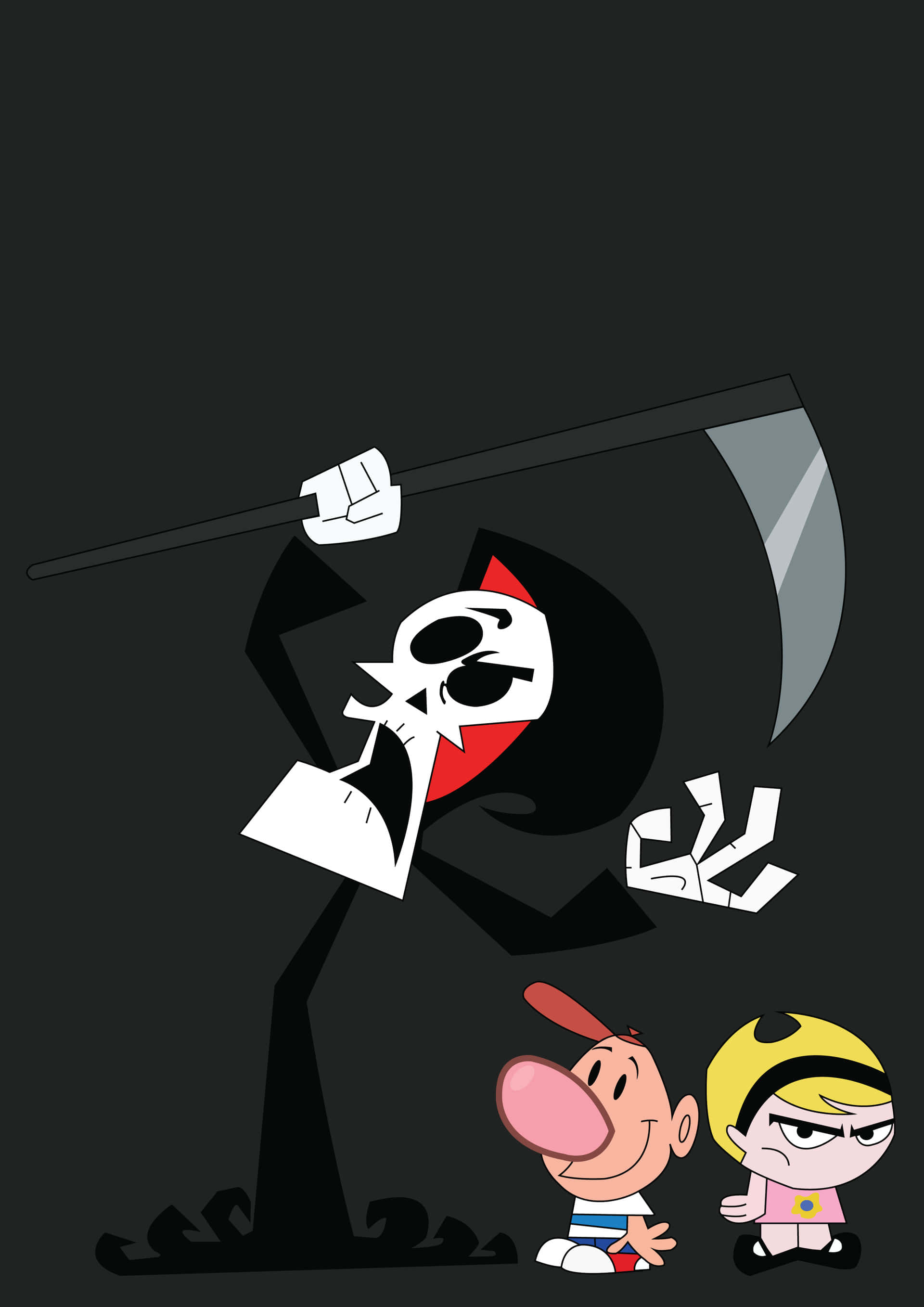 the grim adventures of billy and mandy 桌布 壁紙 — 一個卡通死神，骷髏臉，手持鐮刀，在黑暗背景中籠罩著兩個小孩，一個微笑，一個皺眉。