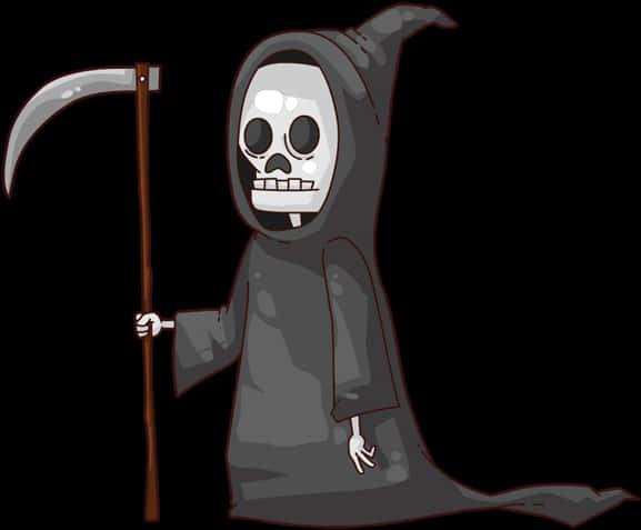 Scythe 桌布 壁紙 — 一個卡通死神，骷髏臉，長兜帽，手持鐮刀，背景為黑色。