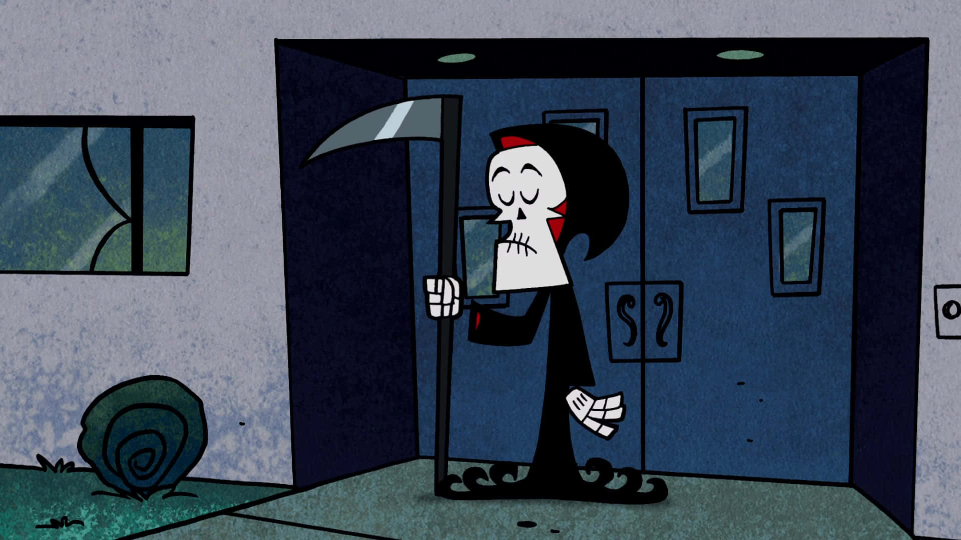 the grim adventures of billy and mandy 桌布 壁紙 — 一個卡通死神拿著鐮刀，站在一棟藍色建築物的門口，附近有一隻蝸牛。