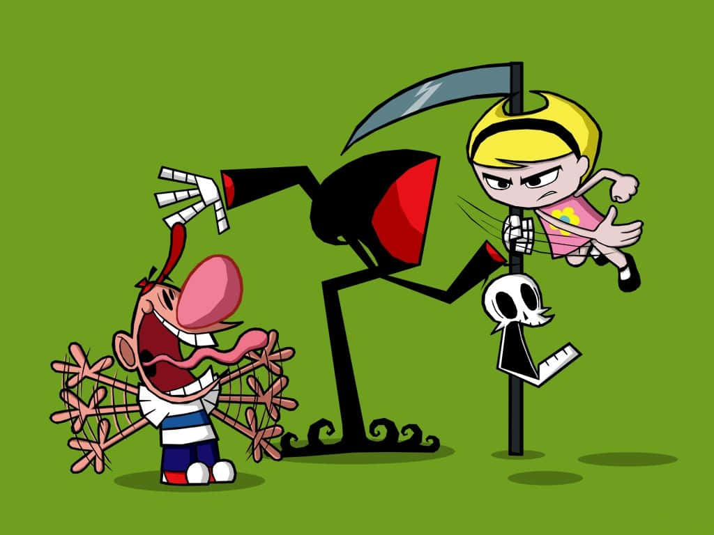 the grim adventures of billy and mandy 桌布 壁紙 — 一個卡通死神拿著鐮刀，面對一個被粉紅色藤蔓纏住的笑著的男孩，而一個穿粉紅色衣服的女孩正在逃跑。
