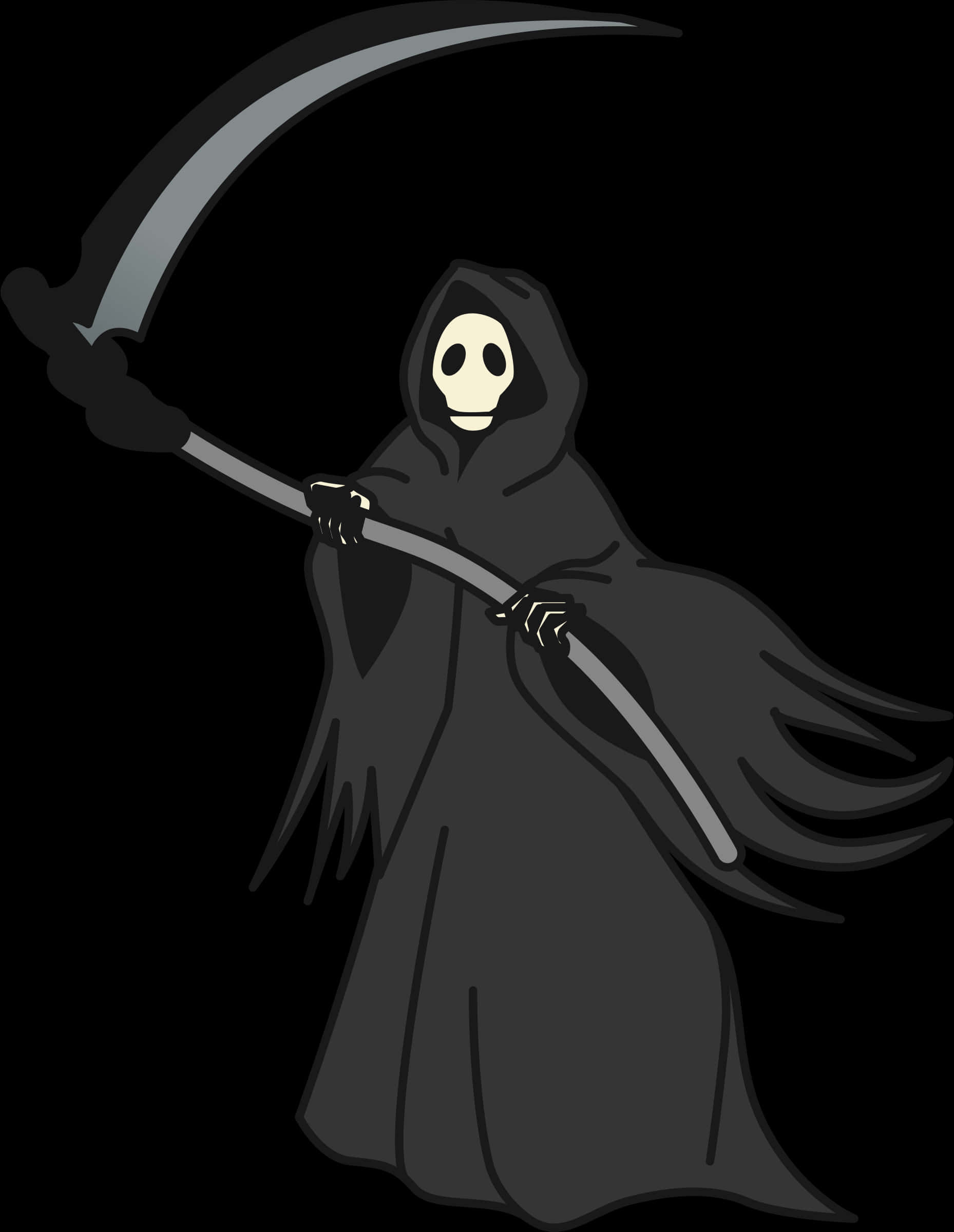 Scythe 桌布 壁紙 — 一個卡通死神穿著黑色長袍，在純黑色背景上拿著一把大銀鐮刀。