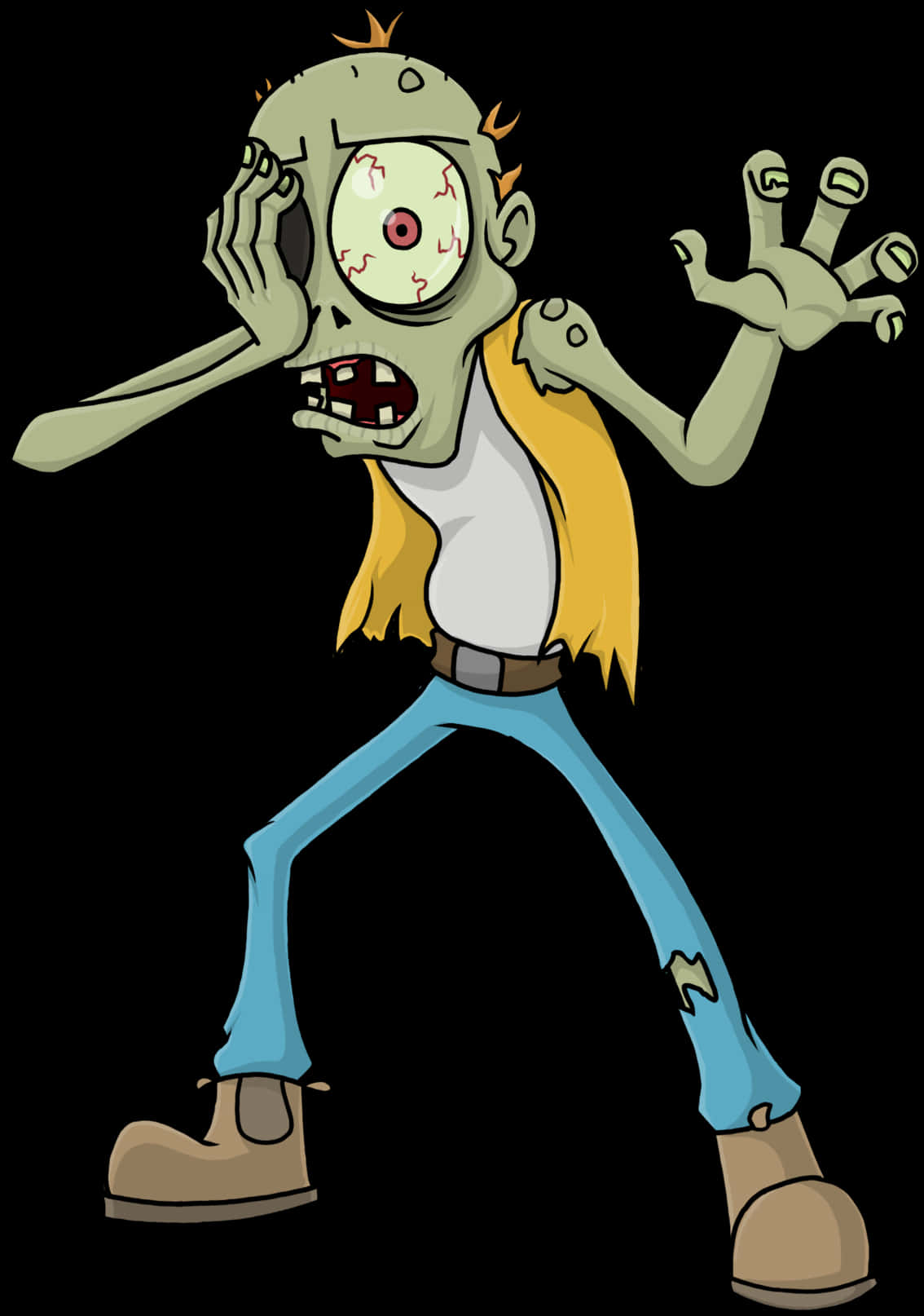 Undead 桌布 壁紙 — 一個卡通殭屍，有一隻凸出的眼睛和破爛的衣服，在黑色背景前擺出一個傻傻的姿勢。