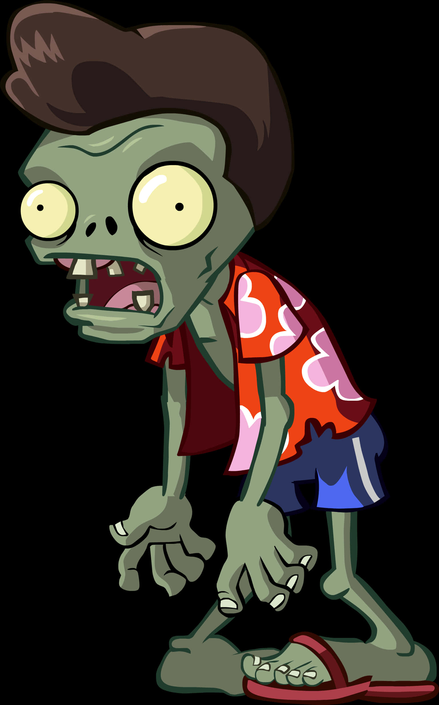 Undead 桌布 壁紙 — 一個卡通殭屍，棕色頭髮，穿著夏威夷襯衫，向前傾，表情傻乎乎的。