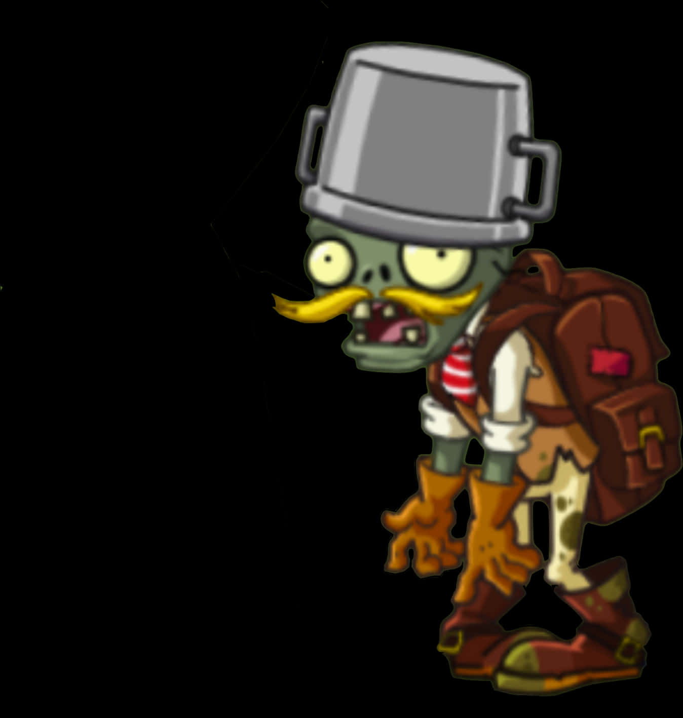 Undead 桌布 壁紙 — 一個卡通殭屍，頭上頂著一個水桶，留著黃色鬍子，背著背包和穿著靴子向前走。