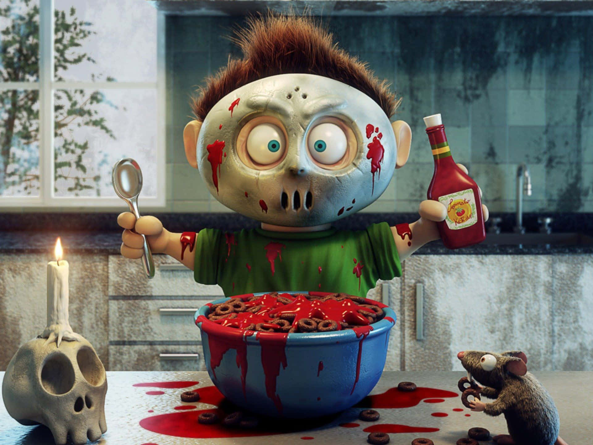 Cartoon Horror 桌布 壁紙 — 一個卡通殭屍小孩在廚房吃浸滿紅色醬汁的穀物，旁邊有老鼠偷走甜甜圈。