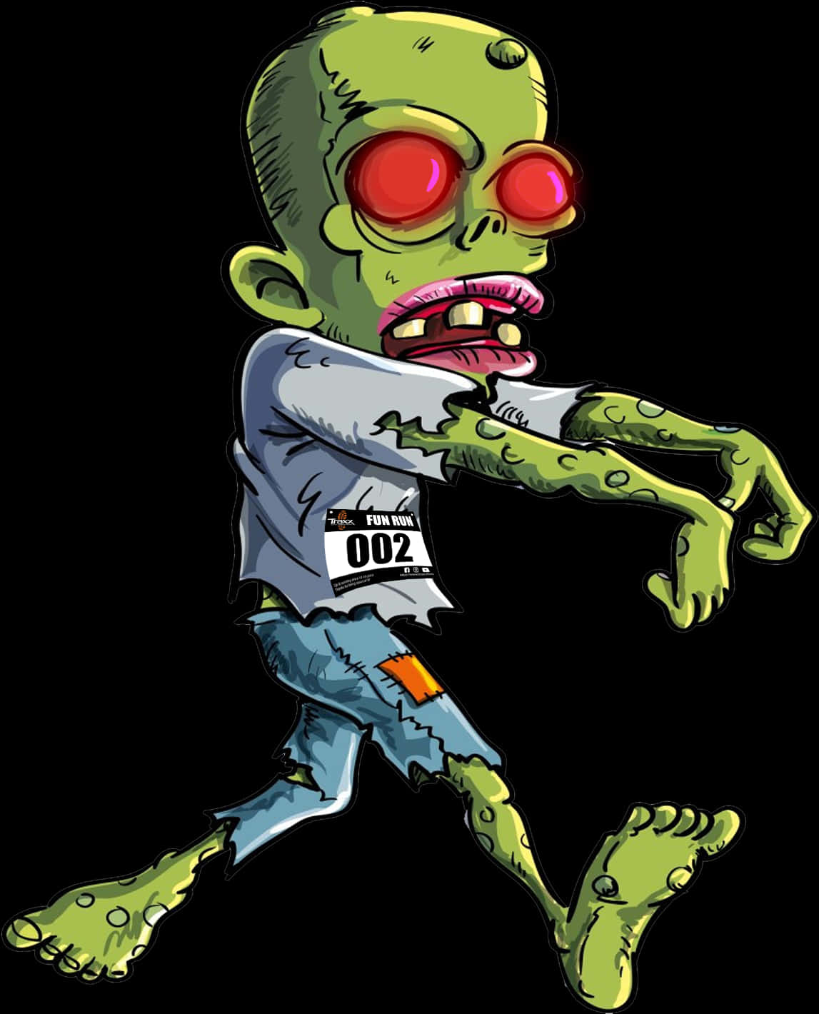 Undead 桌布 壁紙 — 一個卡通殭屍穿著破爛的比賽襯衫和牛仔褲，在黑色背景下奔跑，眼睛發出紅光。