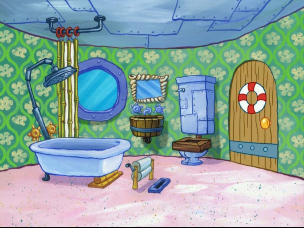 Spongebob Zoom 桌布 壁紙 — 一個卡通水下浴室，配有藍色浴缸、淋浴間、馬桶和木門，背景是綠色花卉壁紙。