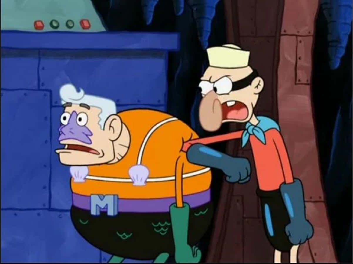Mermaid Man 桌布 壁紙 — 一個卡通水手在一個昏暗的潛艇式房間內憤怒地推開一個穿著貝殼主題服裝的老人。