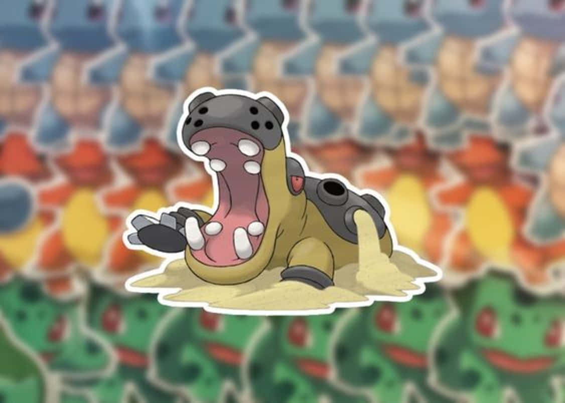 Charmander 桌布 壁紙 — 一個卡通河馬寶可夢貼紙，嘴巴張大，坐在一堆沙子上，背景是模糊的重複寶可夢貼紙。