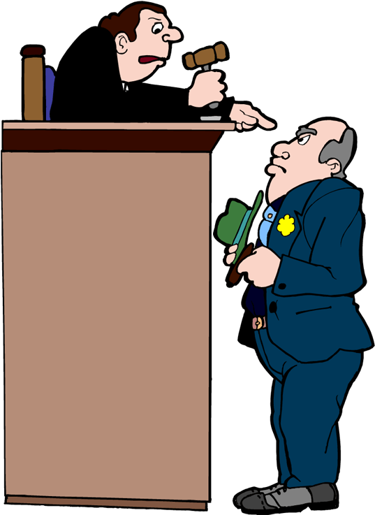 Cartoon 桌布 壁紙 — 一個卡通法官憤怒地敲擊木槌，同時指著一個穿著西裝、拿著綠色帽子的緊張男人。