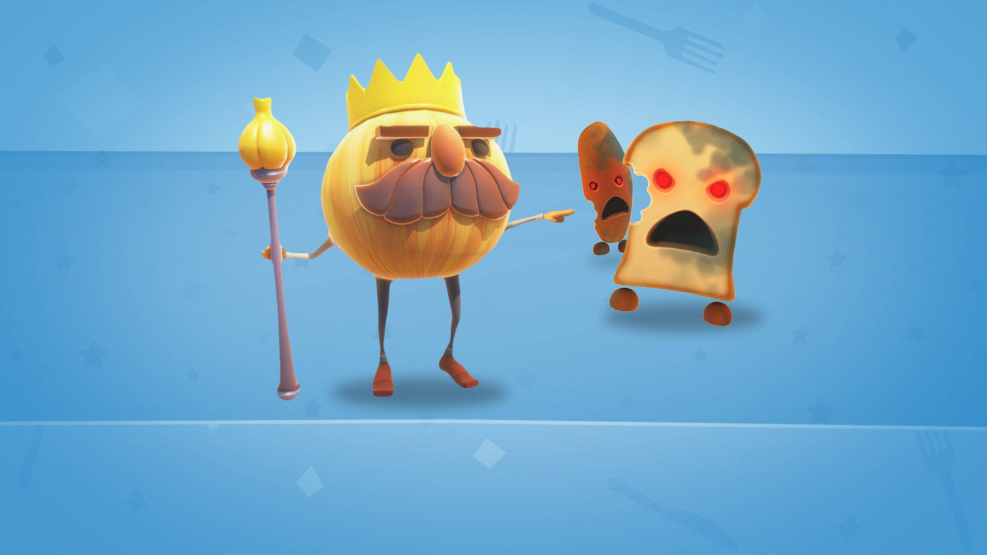 Overcooked 桌布 壁紙 — 一個卡通洋蔥國王戴著皇冠拿著權杖，在藍色背景前對峙一個驚恐的吐司角色，後者有發光的紅眼睛。