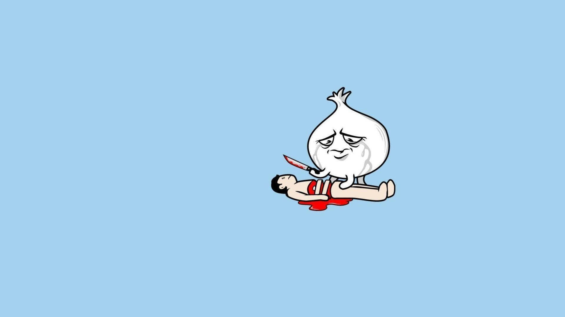 Cartoon 桌布 壁紙 — 一個卡通洋蔥帶著悲傷的表情，在淺藍色背景上拿著刀對著一個血淋淋的人物。