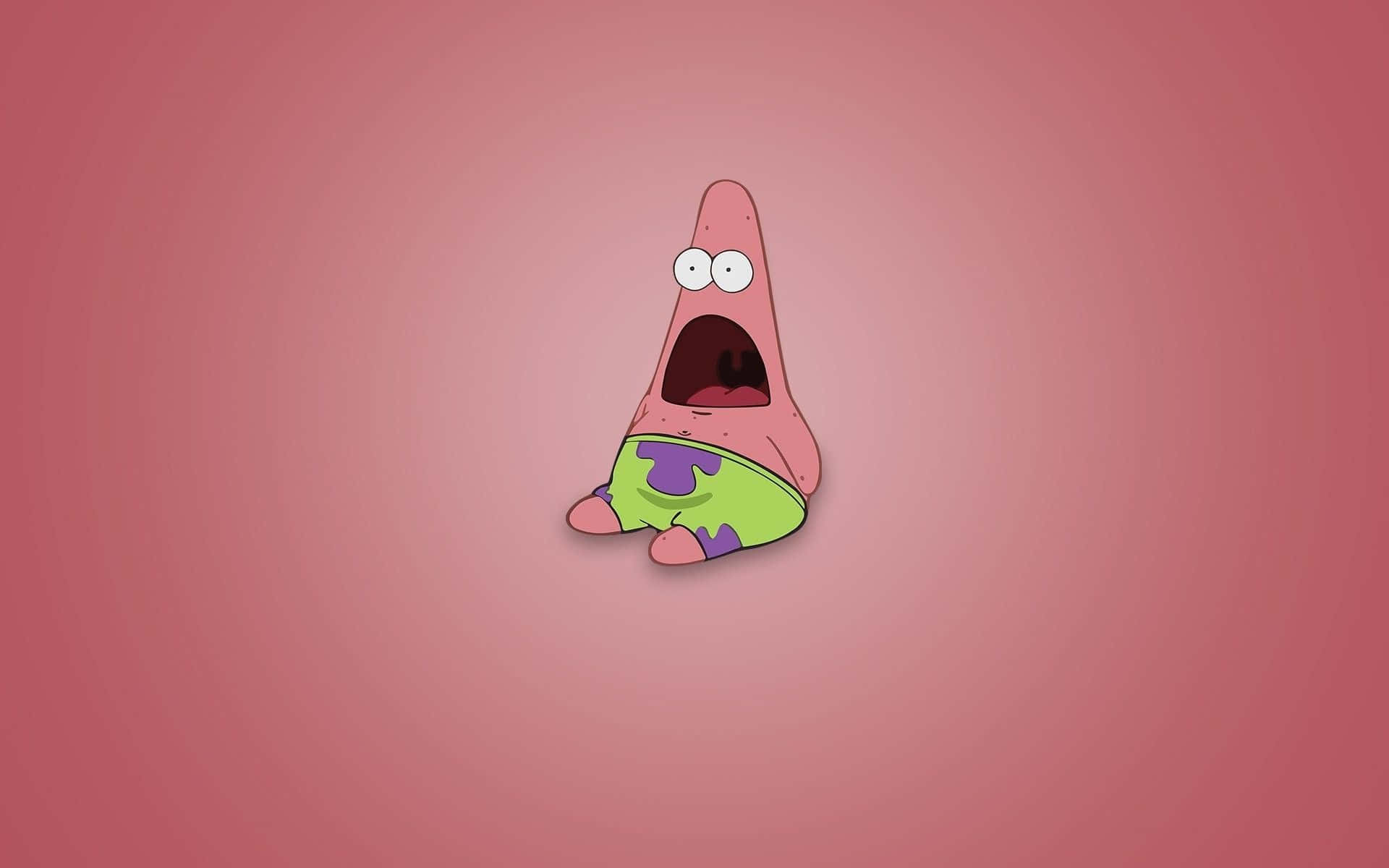 Funny Patrick 桌布 壁紙 — 一個卡通海星，睜大眼睛，張開嘴巴，坐在純粉紅色背景上。